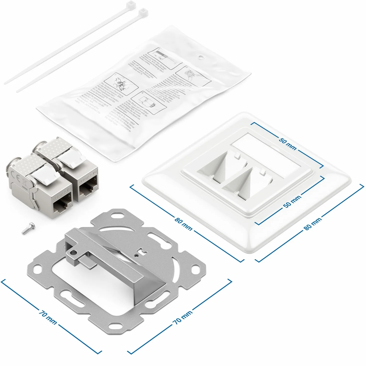 deleyCON 1x Gniazdo Sieciowe RJ45 Podtynkowe 10 Gbit/s Keystone (1x Puszka + 2x Keystone) - Gniazdo RJ45 Cat6a - do Kabli Instalacyjnych CAT6/CAT7, w Pełni Ekranowane - Biały