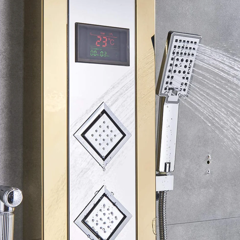 Zestaw prysznicowy ze stali nierdzewnej, bateria LED, termostatyczny panel prysznicowy, wielofunkcyjny, 6 wylotów wody, dysza i bidet, bateria prysznicowa, tytanowe złoto (tytanowe złoto)