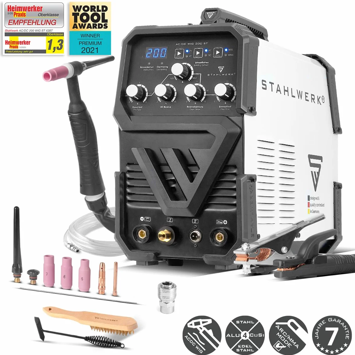 STAHLWERK Spawarka 2 w 1 Kombi AC/DC WIG 200 ST – WIG & MMA (E-Hand/ARC) do 200 A, zapłon HF, Hotstart, Anti-Stick, tryb 2T i 4T, spawanie AC WIG do aluminium, technologia IGBT