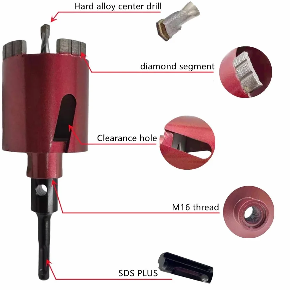 Wiertło diamentowe spawane laserowo M16, wiertło centralne i adapter SDS-Plus, odpowiednie do otworów ściennych 68 mm, 72 mm, 82 mm (82 mm M16 SDS PLUS)