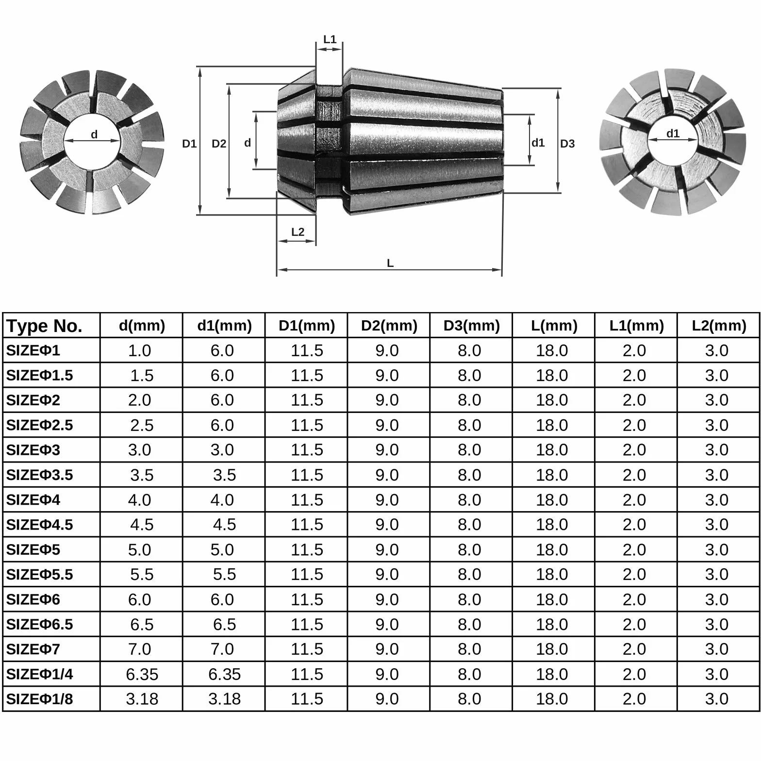 Genmitsu ER11 Zestaw tulei zaciskowych sprężynowych 1-7 mm 1/8 cala 1/4 cala do zacisków CNC, grawerka, tokarka, narzędzie 15 sztuk