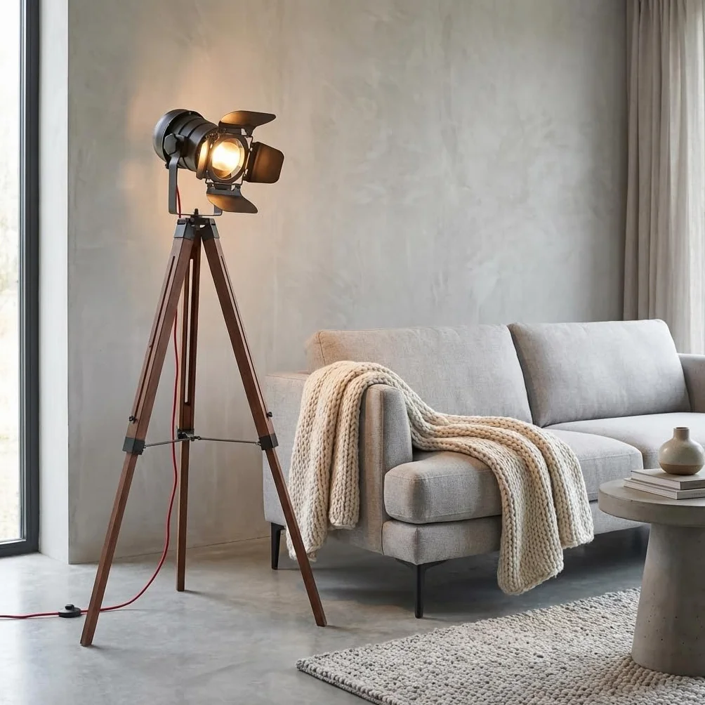BARCELONA LED Lampa stojąca na trójnogu czarna i drewniana, regulowana wysokość, obracany reflektor, nowoczesny i vintage industrialny styl, idealna do salonu, sypialni, biura, schodów