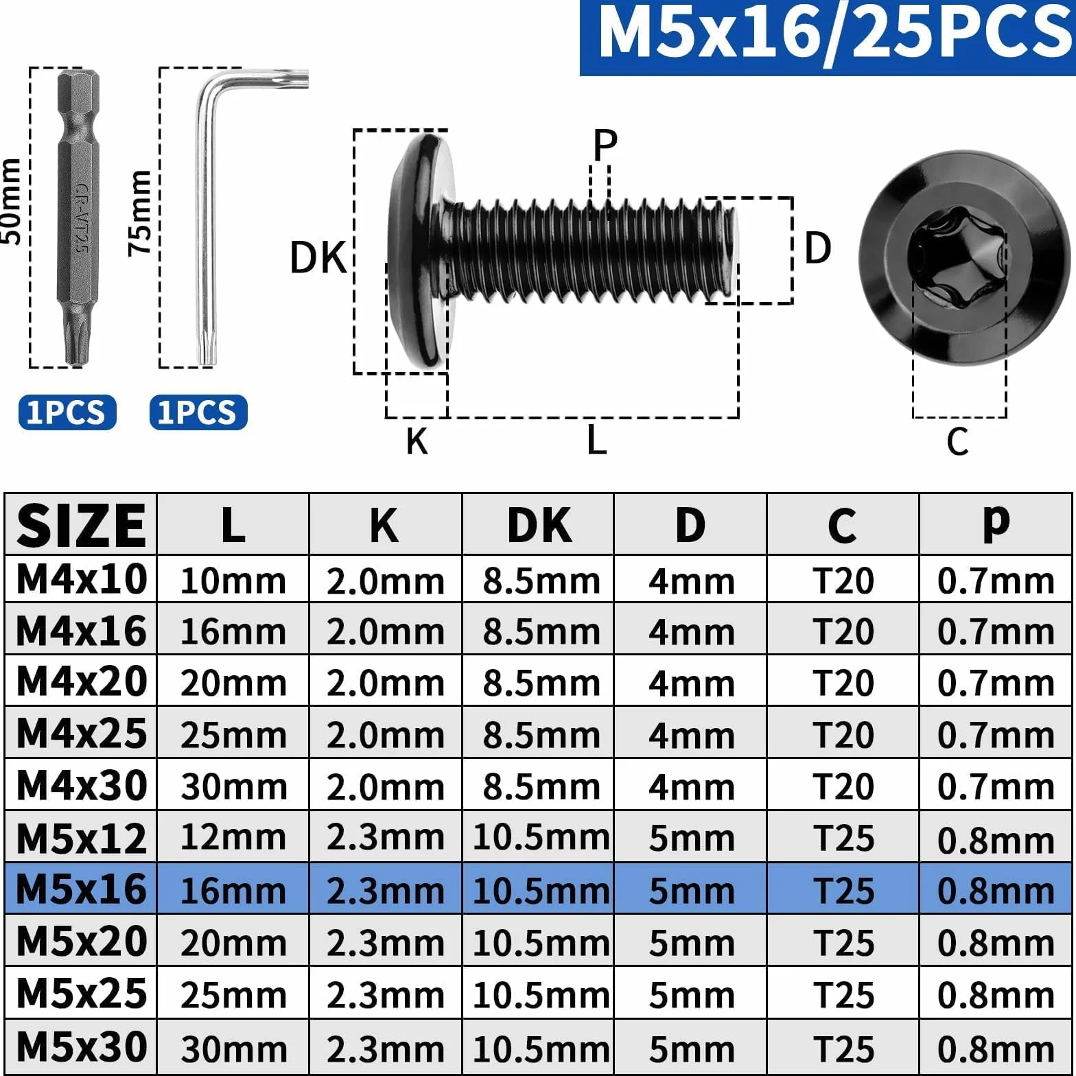 25 sztuk śrub z łbem płaskim M5 x 16 mm, śruby z łbem soczewkowym M5, czarne, stal nierdzewna 304, śruby maszynowe do montażu mebli, do drewna, z kluczem Torx, śrubokrętem