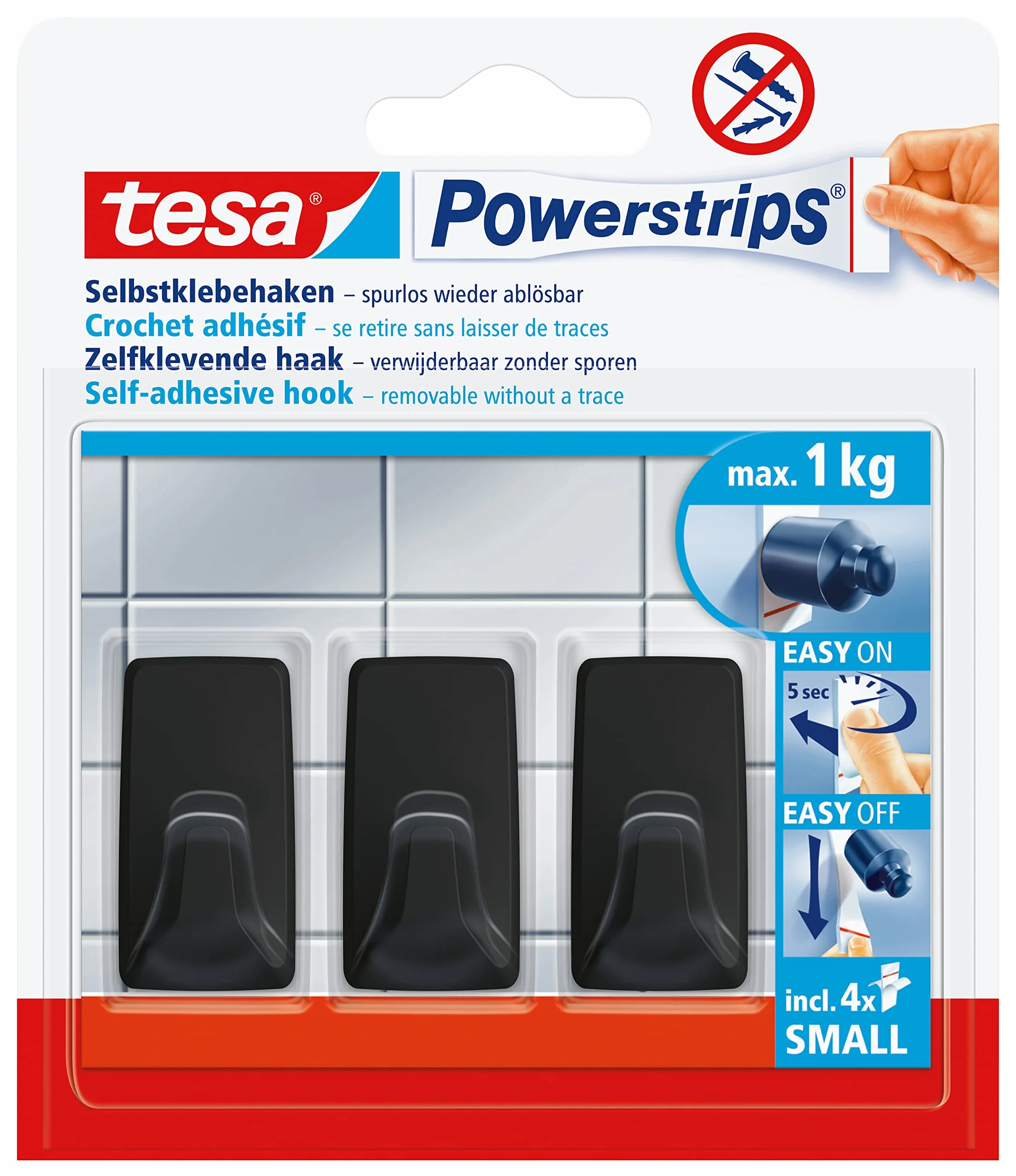 tesa Powerstrips samoprzylepne haczyki – 3 małe haczyki w kształcie kwadratu do płytek, szkła, plastiku i innych powierzchni, mocne trzymanie, do 1 kg, czarne