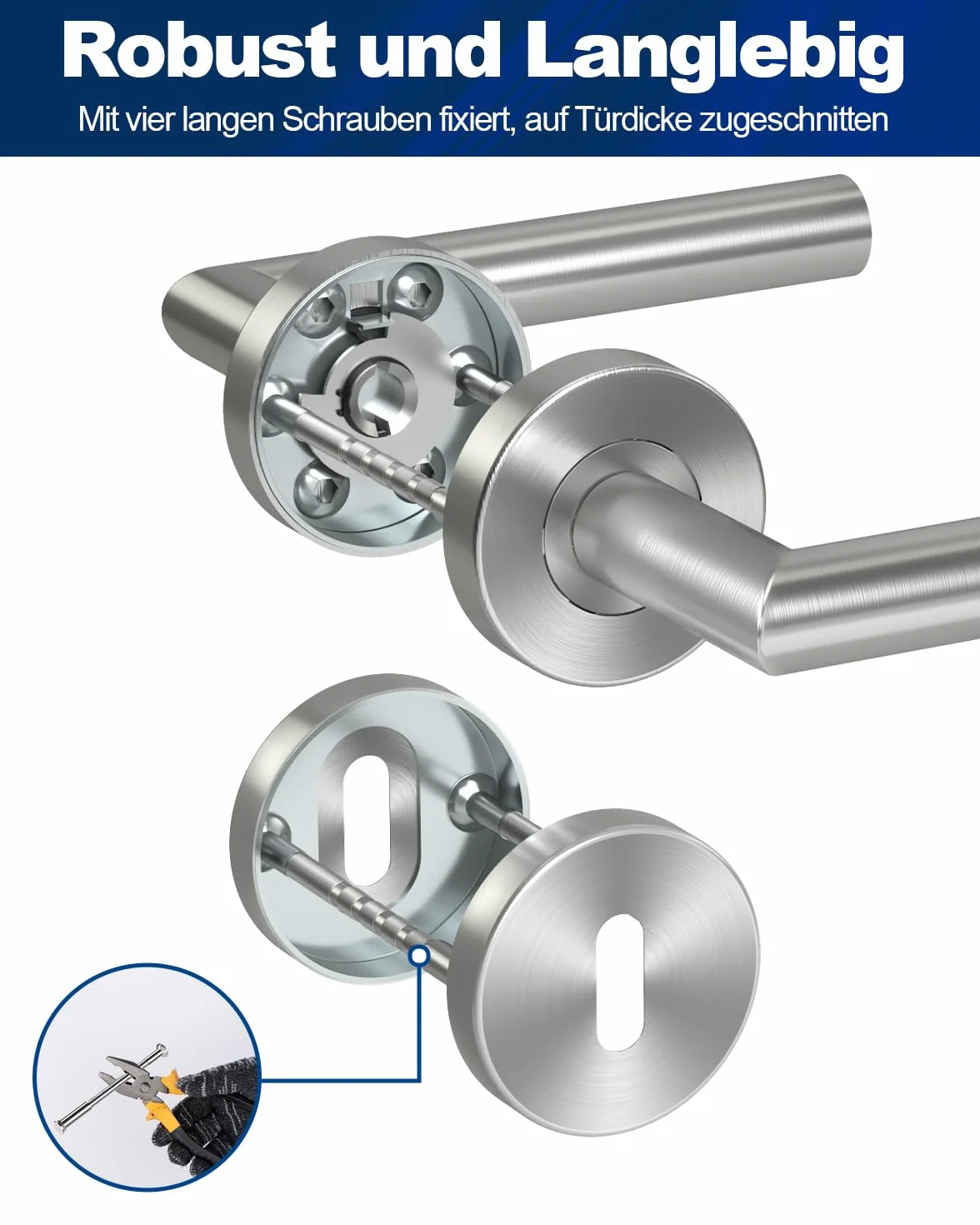 DIYGEEK Klamki do drzwi wewnętrznych, klamka do klamki do kompletu drzwi pokojowych, zestaw klamek ze stali nierdzewnej z rozetą Ø 52 mm BB-Buntbart, kształt litery L, srebrny szczotkowany