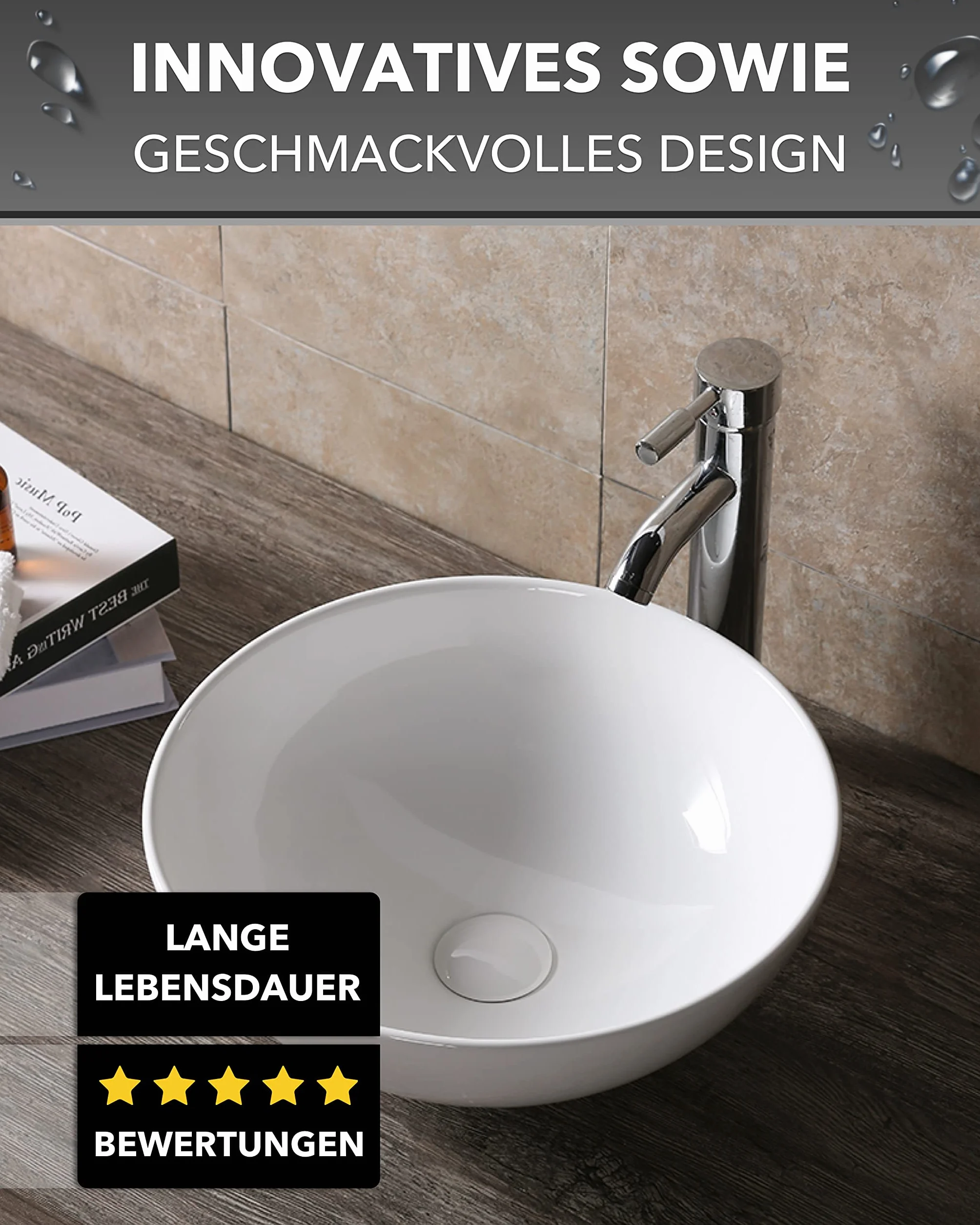 Umywalka premium okrągła - umywalka nablatowa na wysoki połysk - umywalka ceramiczna do umywalki - biała - 400 x 400 x 140 mm