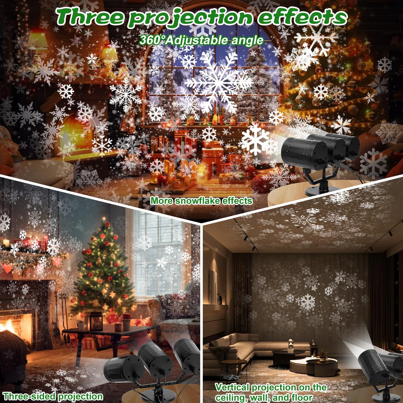 Charmofun Projektor bożonarodzeniowy na zewnątrz, 3-głowicowy, dynamiczny projektor LED w kształcie płatka śniegu, obracany o 360°, z timerem, wodoszczelny, oświetlenie bożonarodzeniowe, do ogrodu