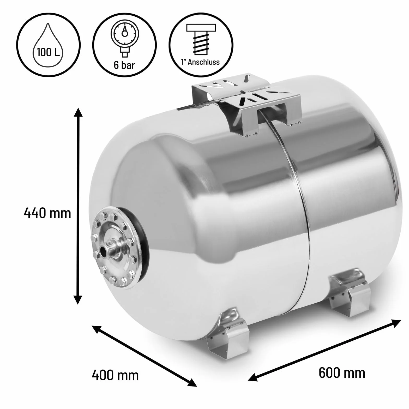 EBERTH Naczynie wzbiorcze 100L, 6 bar, naczynie ciśnieniowe, system podnoszenia ciśnienia, przyłącze 1" do wodociągów domowych, pompa studzienna, stal nierdzewna, poziome, grubość ścianki 1,2 mm