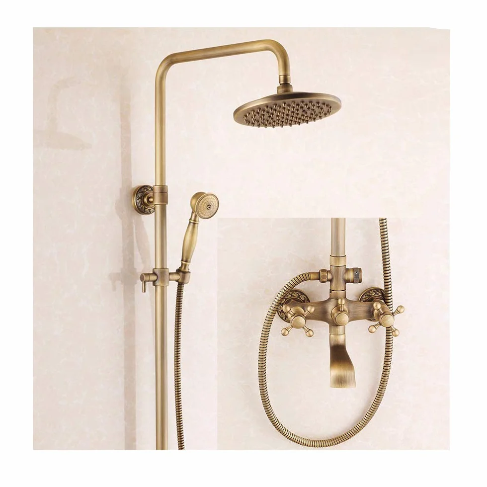 Zestaw prysznicowy Vintage Luxury Bathroom z baterią natryskową montowaną na ścianie. System prysznicowy zawiera deszczownicę, słuchawkę prysznicową i baterię wannową. (A)