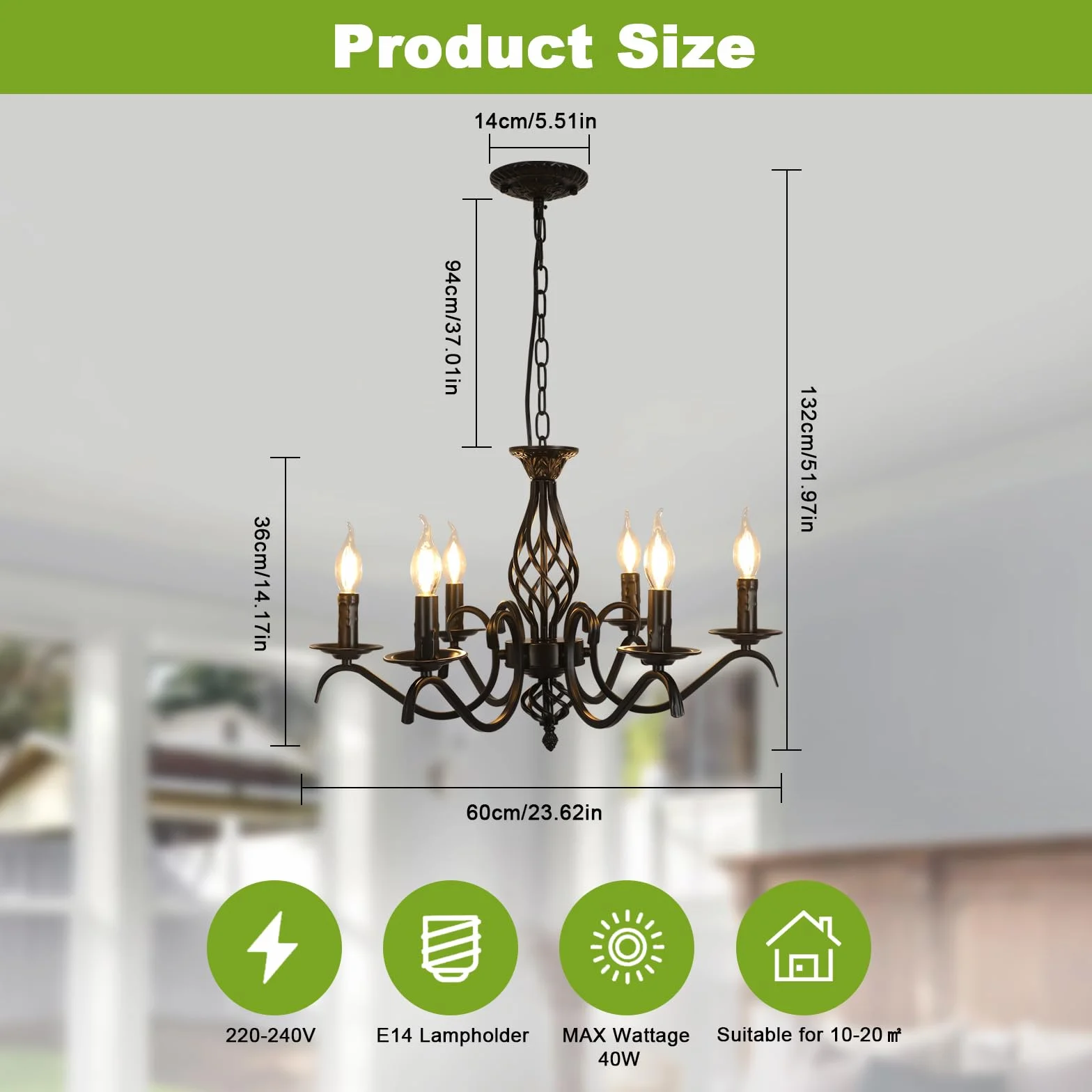 Comely Nowoczesny Żyrandol Salonowy, 6 Głowic Czarna Wisząca Oprawa Vintage E14, Czarna Przemysłowa Metalowa Lampa Sufitowa Do Kuchni Sypialni Jadalni, 60CM