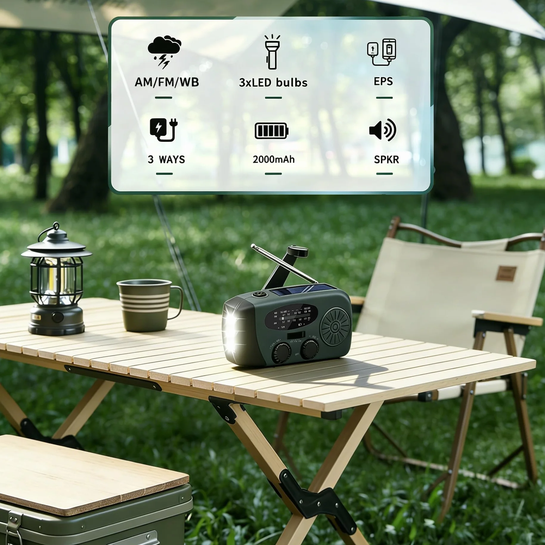 Słoneczne radio awaryjne AM/FM z latarką LED i ładowarką USB wodoodporne na kemping