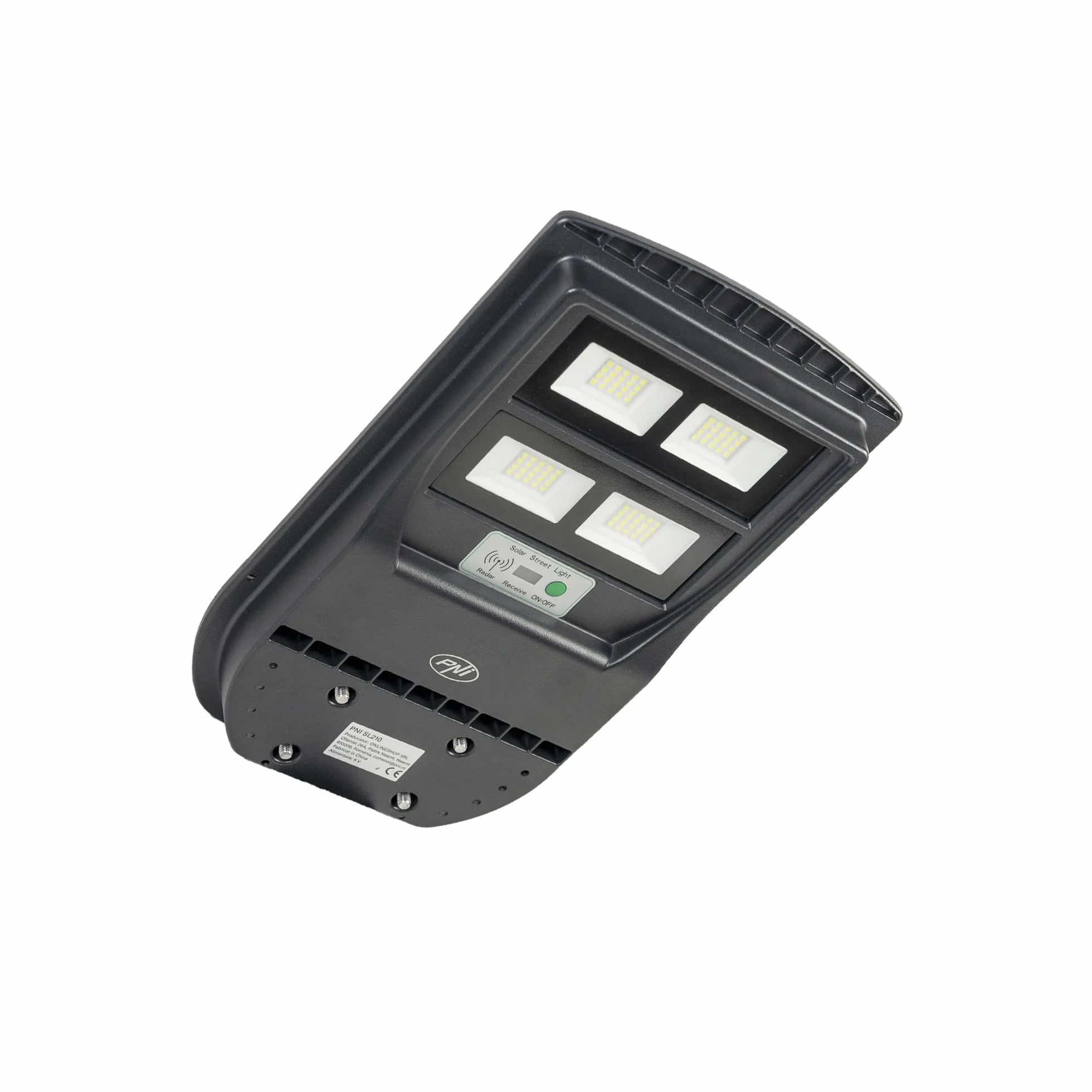 Lampa uliczna PNI SL210 100W z wbudowanym panelem słonecznym 10W, 6500K, 1000lm, 2 x wbudowany akumulator 10Ah, mikrofalowy czujnik ruchu