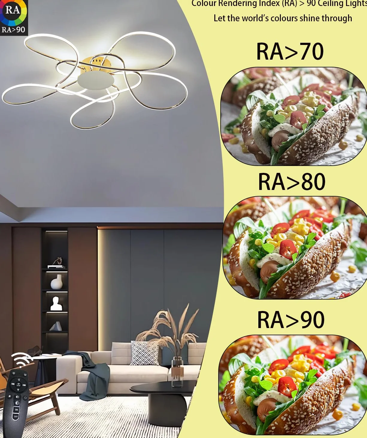 Lampa sufitowa LED do salonu Nowoczesna Prosta reatywna lampa Sufitowa z pilotem zdalnego sterowania Ściemnialne oświetlenie sufitowe Sypialnia Wpuszczane wiszące 3200-6500K (Złoto, Φ90cm)