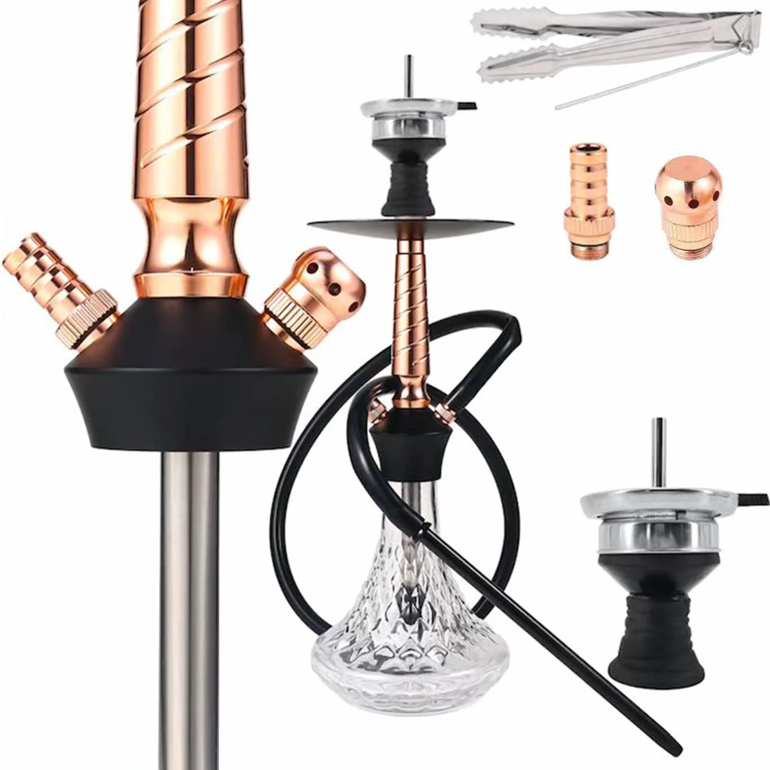 RMAN Shisha mini aluminiowa mała szisza zestaw z wężem silikonowym, głowicą komina, nasadką do komina, ustnikiem, ze stali nierdzewnej, do rurki zanurzeniowej, dyfuzora, szczypce