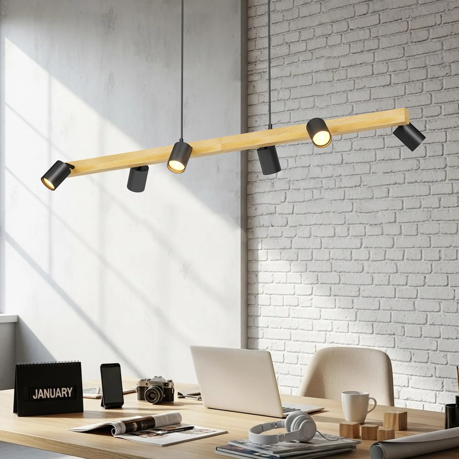 LVWIT Czarne lampy wiszące, lampy wyspowe do kuchni GU10, drewniane lampy sufitowe, lampa sufitowa do jadalni z 6 podstawami, salonu, sypialni, przedpokoju (bez żarówek)