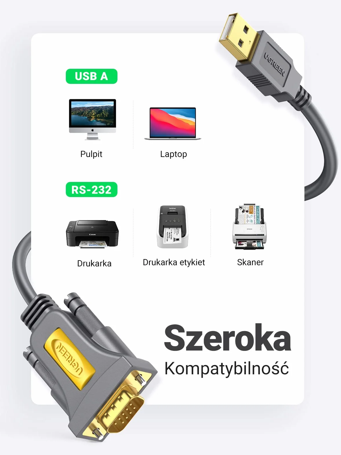 UGREEN Kabel Z Adapterem Usb Do Db9 9-Pinowy Kompatybilny Z Windows 10/8/7 Mac Os X Linux Kompatybilny Z Routerem, Switch, Teleskopem Itp. (3M)