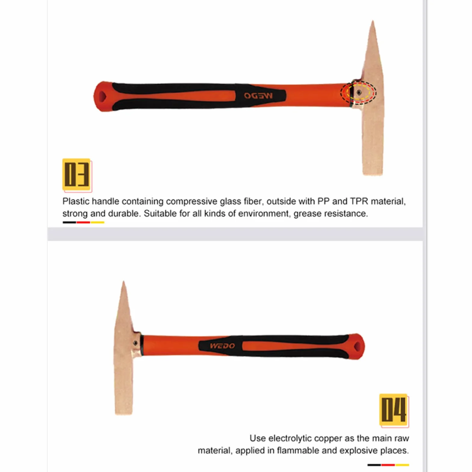 WEDO Młotek spawalniczy z uchwytem z włókna szklanego, młotek do odprysków, narzędzie do usuwania żużla, miedź berylowa, głowica młotka 300 g, długość 280 mm, certyfikat BAM