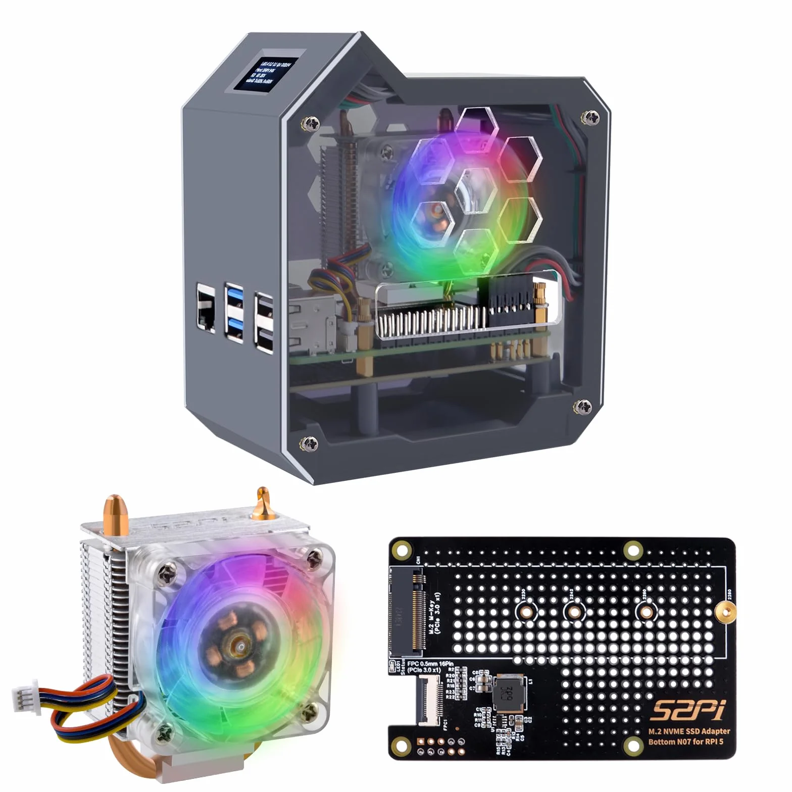 GeeekPi N07 Mini Tower NVMe NAS Kit dla Raspberry Pi 5, z N07 M.2 NVMe SSD Pip PCIe Peripheral Board Bottom, Support M.2 Key-M NVMe SSD 2230/2242/2260/2280