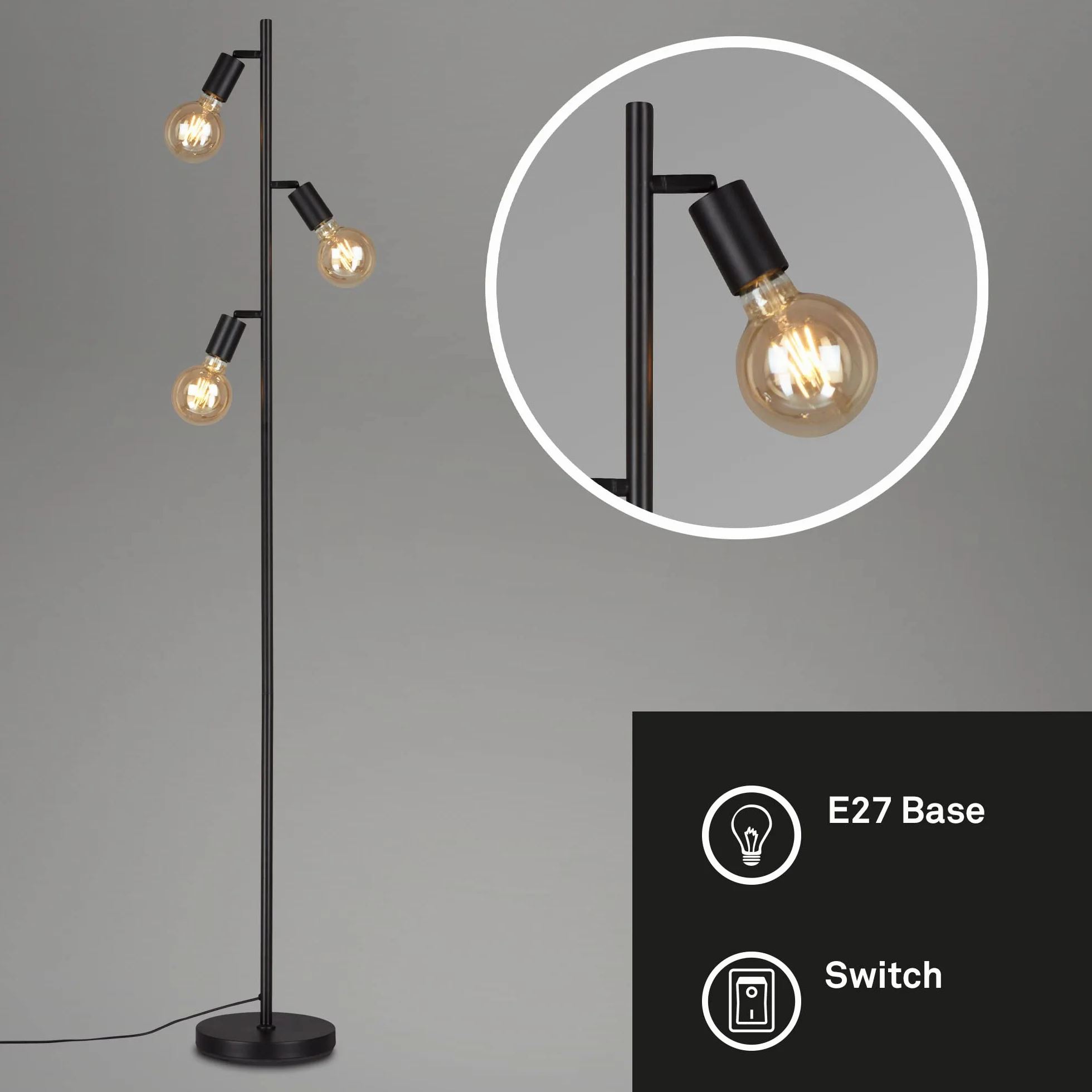 BRILONER Leuchten - Lampa podłogowa, obrotowa lampa stojąca, 3x E27, w tym. przełącznik kablowy, retro, vintage, czarny, 220x1,600mm (DxH), 1387-035