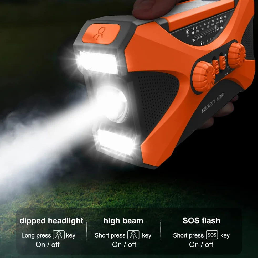 Radio korbowe AM/FM z ładowarką telefonu, akumulator 10000 mAh, latarka LED SOS