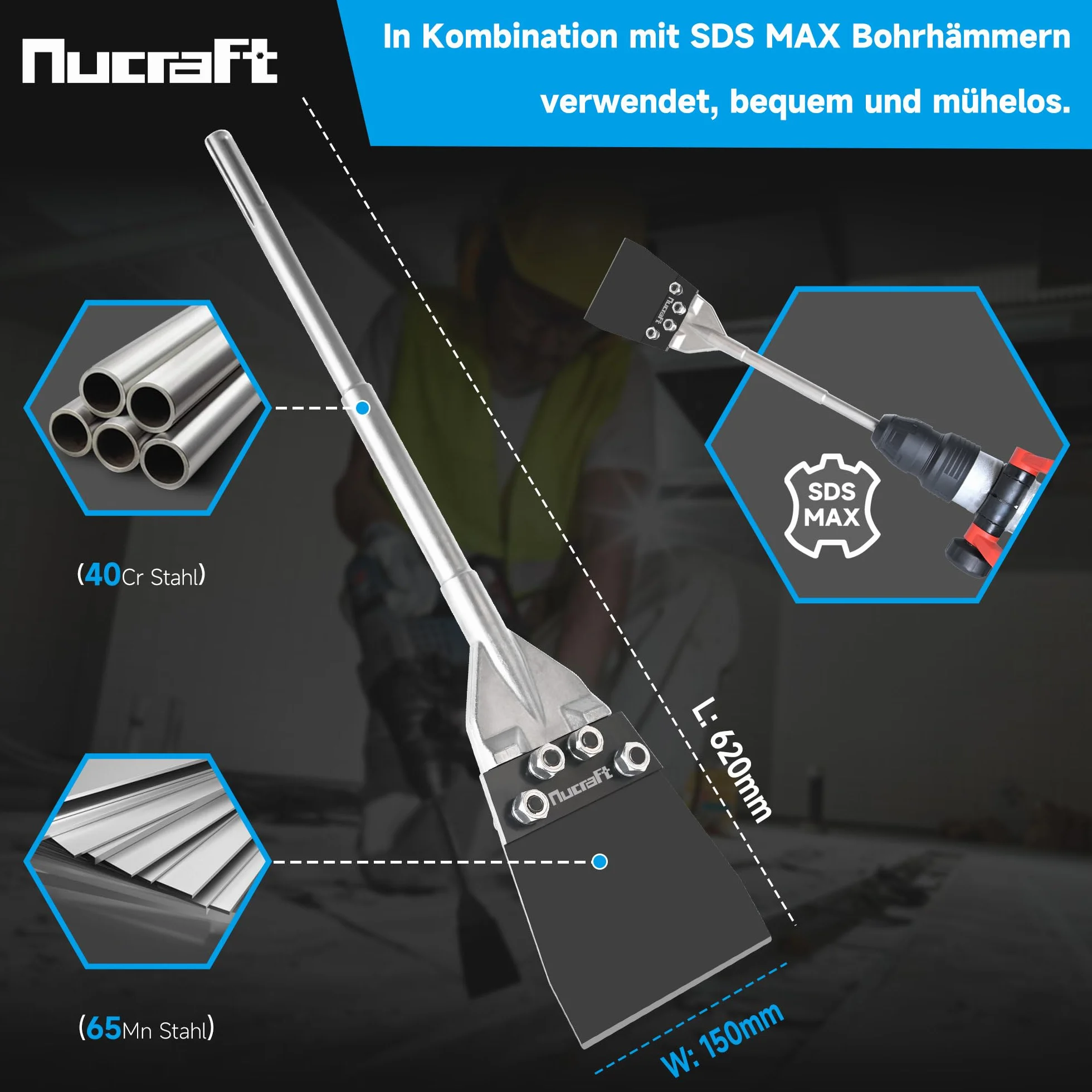 Nucraft Dłuto szpachlowe SDS-Max, 620 x 150 mm, skrobak podłogowy do ściągania kleju podłogowego, dywanów, linoleum, kleju do płytek, płytek PCW, farby