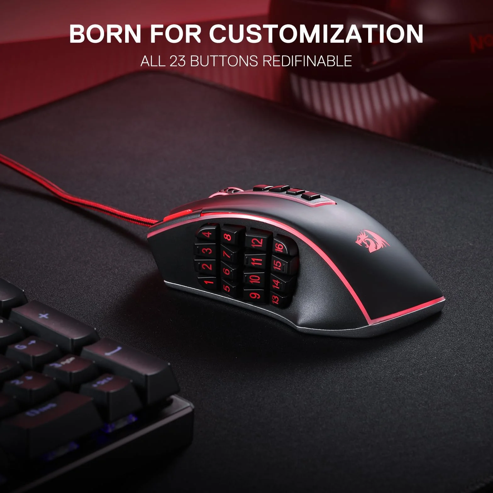 Redragon M990 Mysz do gier MMO, 32000 DPI, przewodowa RGB, 23 programowalne przyciski, aluminiowa podstawa