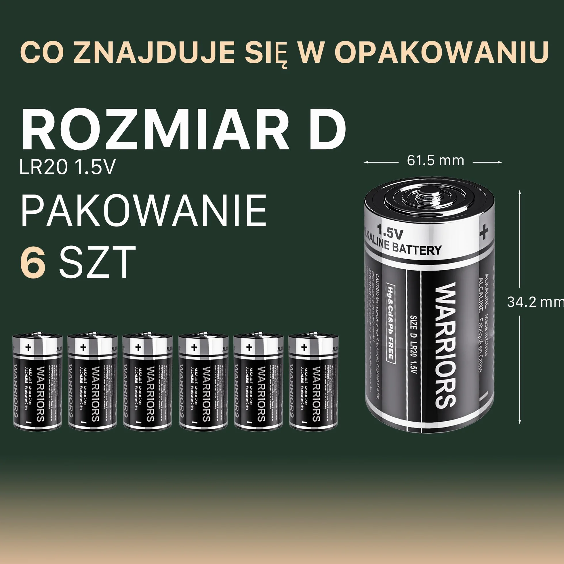 Baterie Warriors D 6X, Baterie Alkaliczne LR20 1.5V, Do 10 lat przydatności, Długotrwała moc do zabawek, latarek, radii i urządzeń domowych