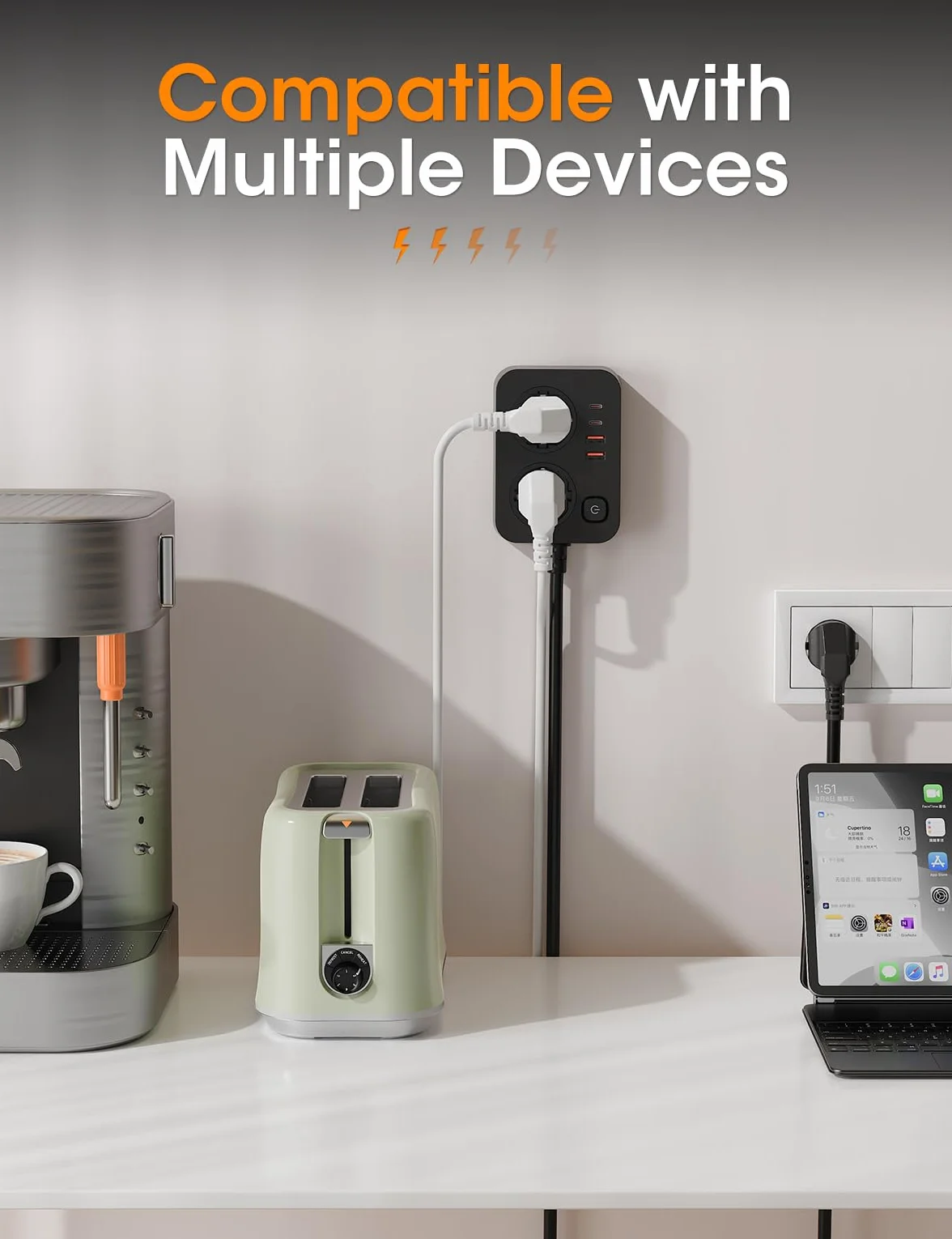 Listwa Przedłużaczowa 6-w-1 z USB-C Ładowaniem Gniazda z Wyłącznikiem i 4 Porty USB, Przewód 2m, Do Domu