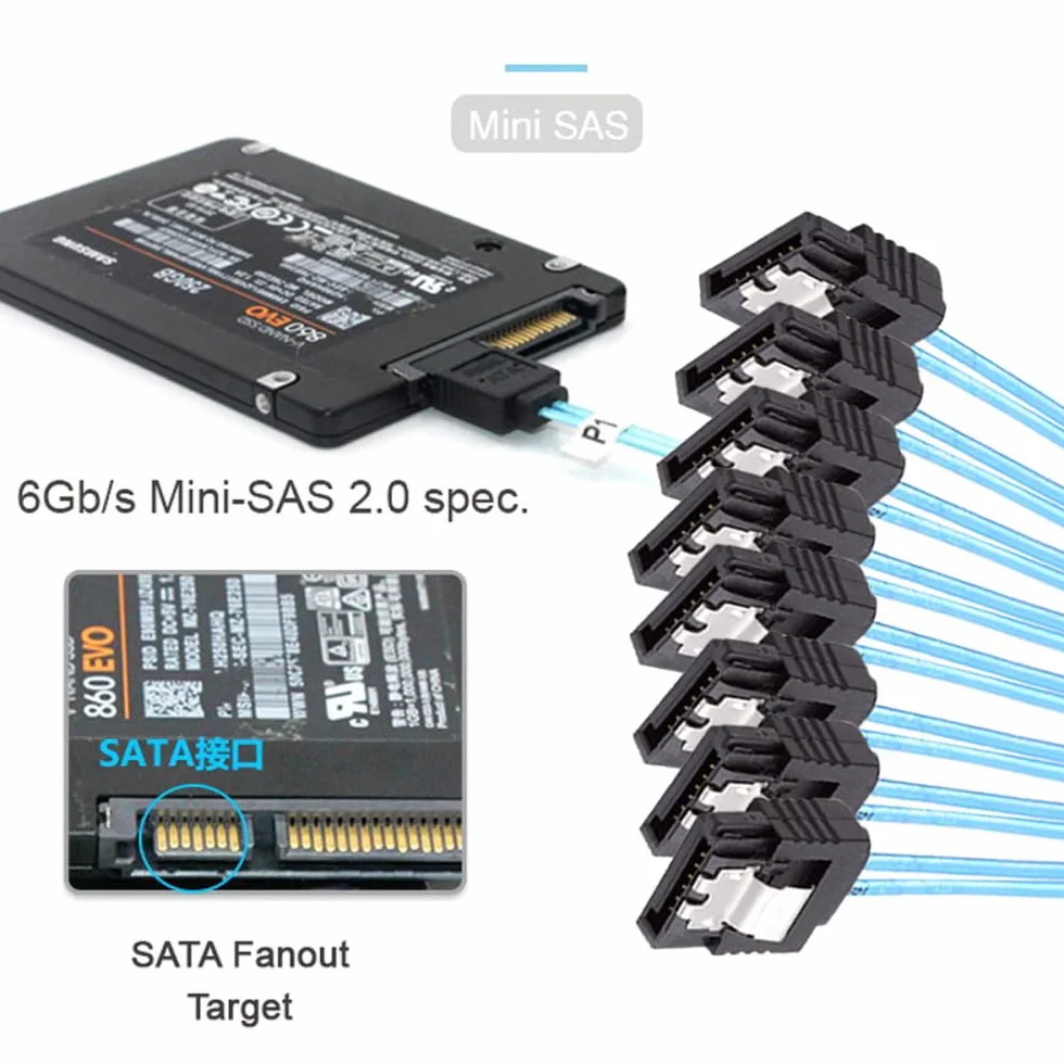 CY Cable Slimline SAS 4.0 SFF-8654 8i 74pin Host Raid do 8 SATA 7Pin Target HDD-Fanout Raid Kabel 1 do 8 rozdzielacz (100 cm)