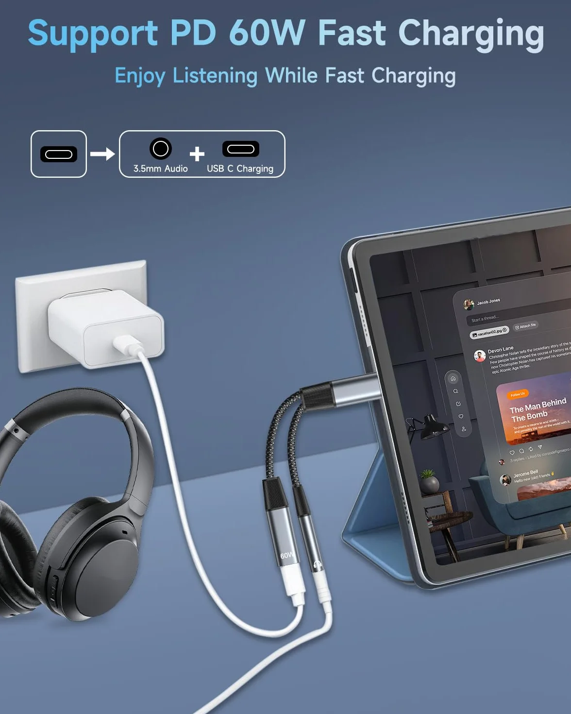 Adapter słuchawkowy i ładowarka USB C do 3,5 mm, adapter słuchawkowy Aux Audio typu C z kablem do szybkiego ładowania PD 60 W dla iPhone'a 17 16 15, iPada Air/Pro, Galaxy S25 S24 S23 S22, Pixel