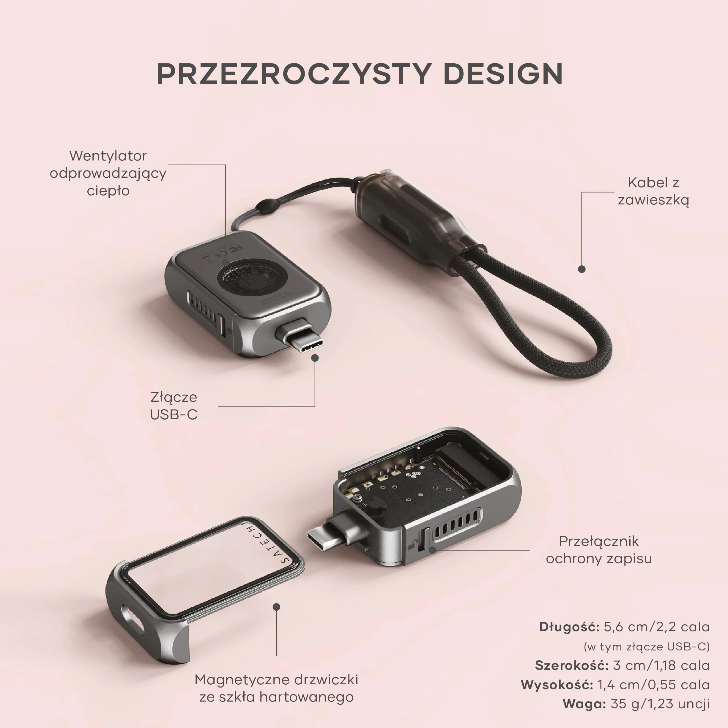 SATECHI M.2 NVMe Mini SSD Obudowa 10Gbps 2TB Aktywne Chłodzenie USB-C NVMe 2230