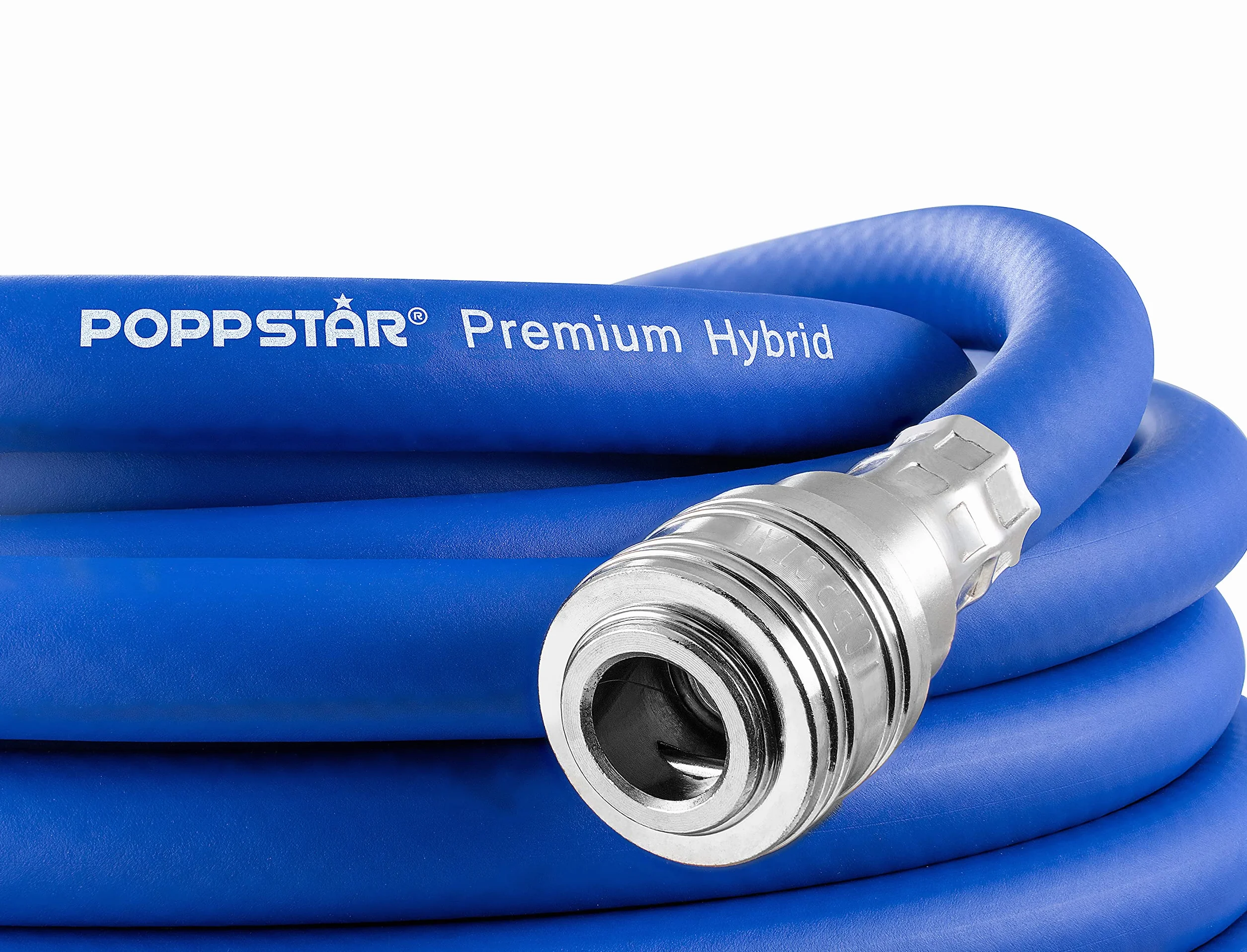 Poppstar wąż pneumatyczny 15m (hybrydowy: PVC wzmocniony tkaniną, średnica wew 9,2mm z szybkozłączką i wtyczką złącza) do 20 bar, niebieski