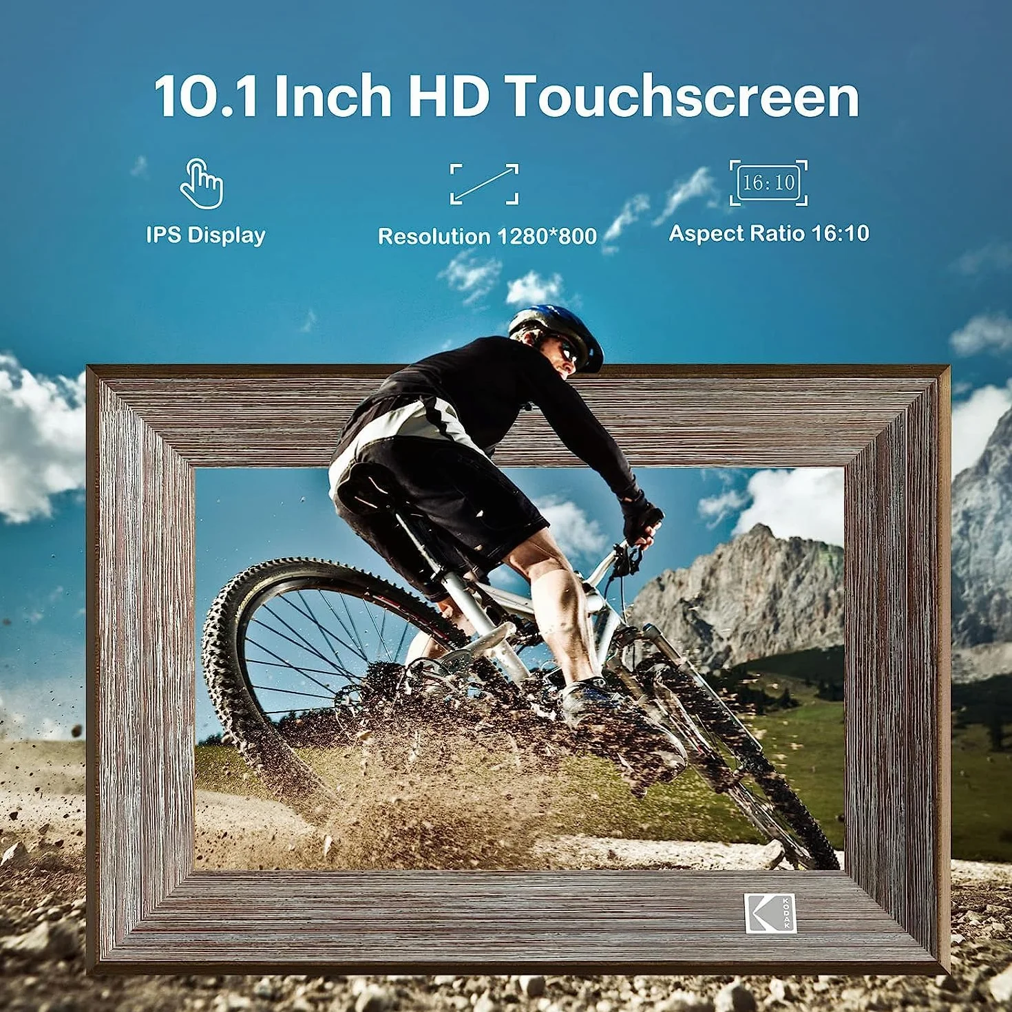 Kodak cyfrowa ramka na zdjęcia 10,1 cala, Wi-Fi, 1013 W, drewniana, elektroniczna ramka na zdjęcia z pamięcią 32 GB, ekran dotykowy HD IPS, udostępnianie zdjęć za pomocą aplikacji, automatyczne