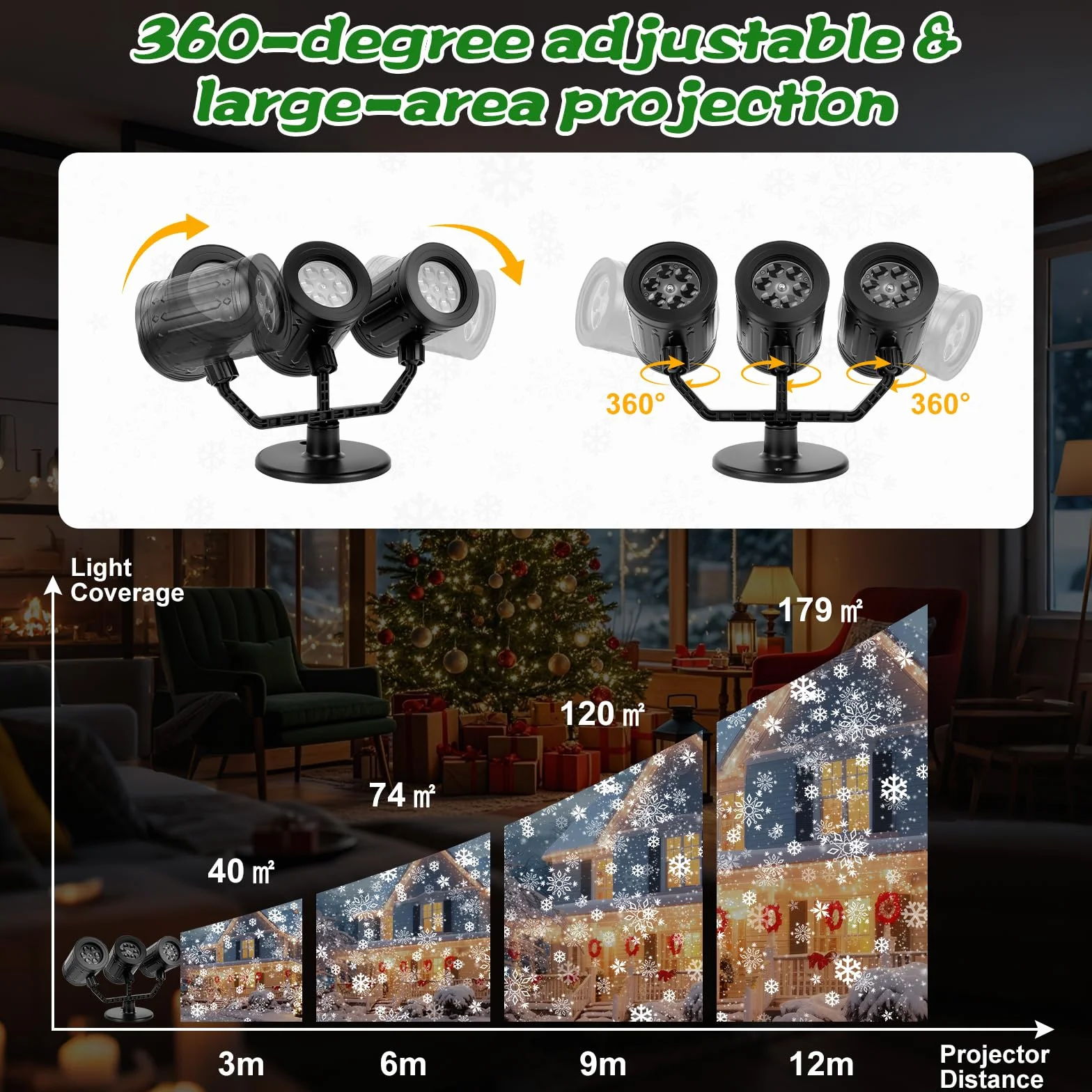 Charmofun Projektor bożonarodzeniowy na zewnątrz, 3-głowicowy, dynamiczny projektor LED w kształcie płatka śniegu, obracany o 360°, z timerem, wodoszczelny, oświetlenie bożonarodzeniowe, do ogrodu