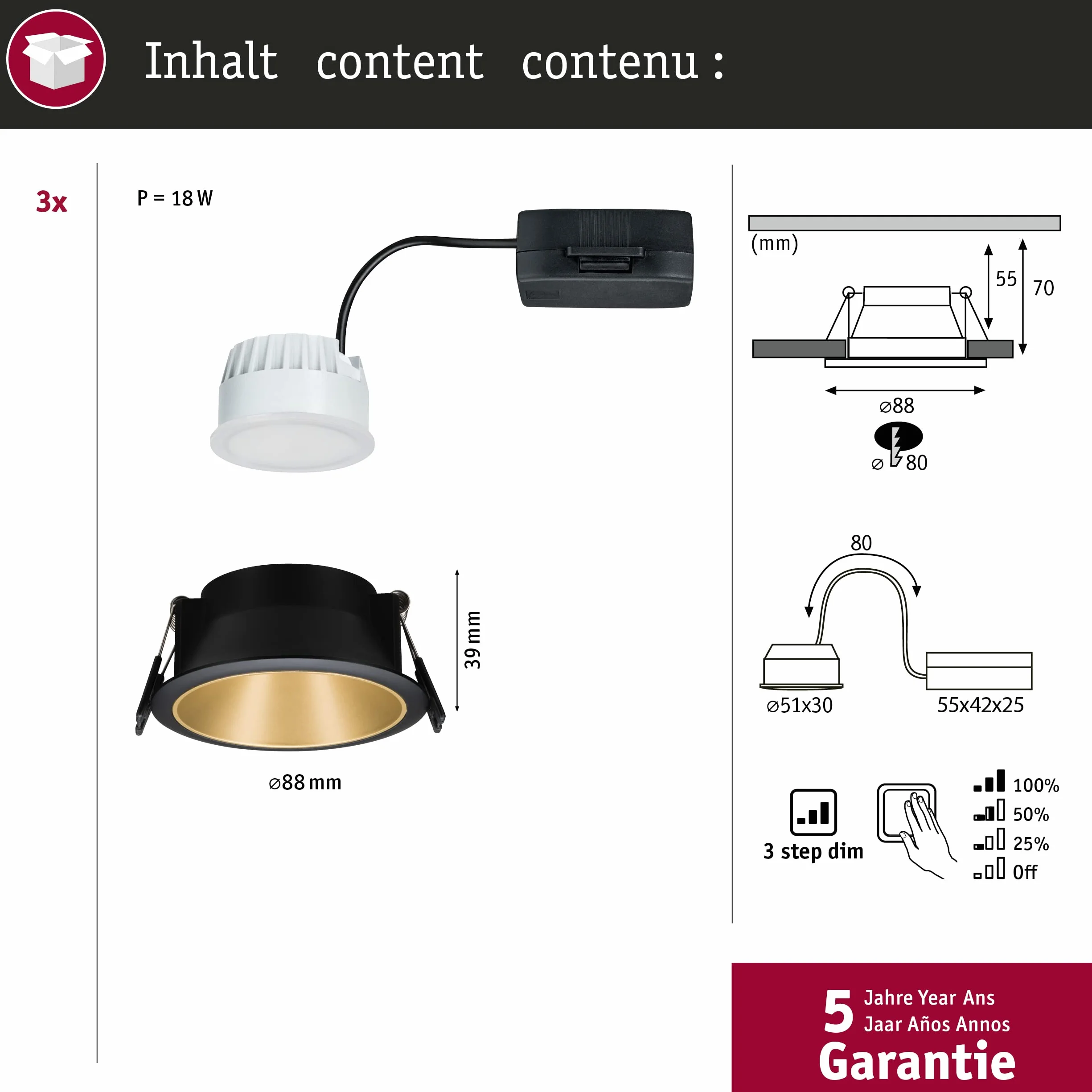 Paulmann 93404 Oprawa Wpuszczana Led Cole Okrągła, W Tym Ściemnialny Reflektor Wpuszczany 3X6,5W Czarny, Złoty Matowy Lampa Wpuszczana Plastik, Aluminiowo-Cynkowy Punkt Sufitowy 2700K ,Czarne, Matowe Złoto ,3Er-Set , 19.5 Watts