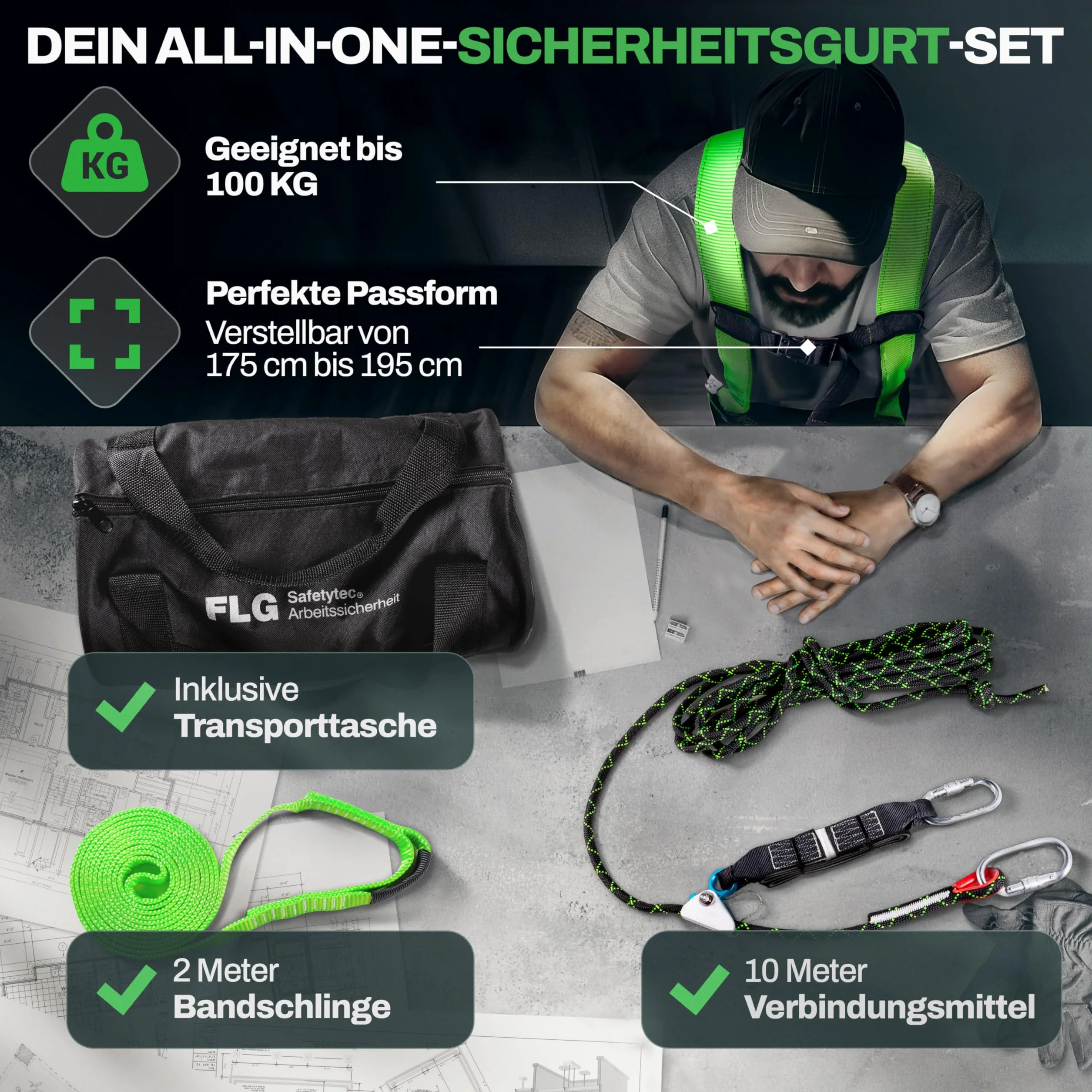 FLG Safetytec Fallschutz Komplettset 2-Punkt Auffanggurt 10m Verbindungsmittel 2m Bandschlinge EN353 EN361 EN795