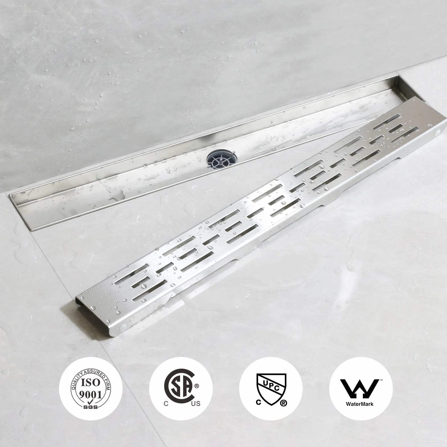 SaniteModar Odpływ łazienkowy liniowy ze stali nierdzewnej 70cm. Panel z otworami liniowymi. Posiada podstawę obrotową o 360 stopni. Odpływ prysznicowy z syfonem i sitkiem do włosów.