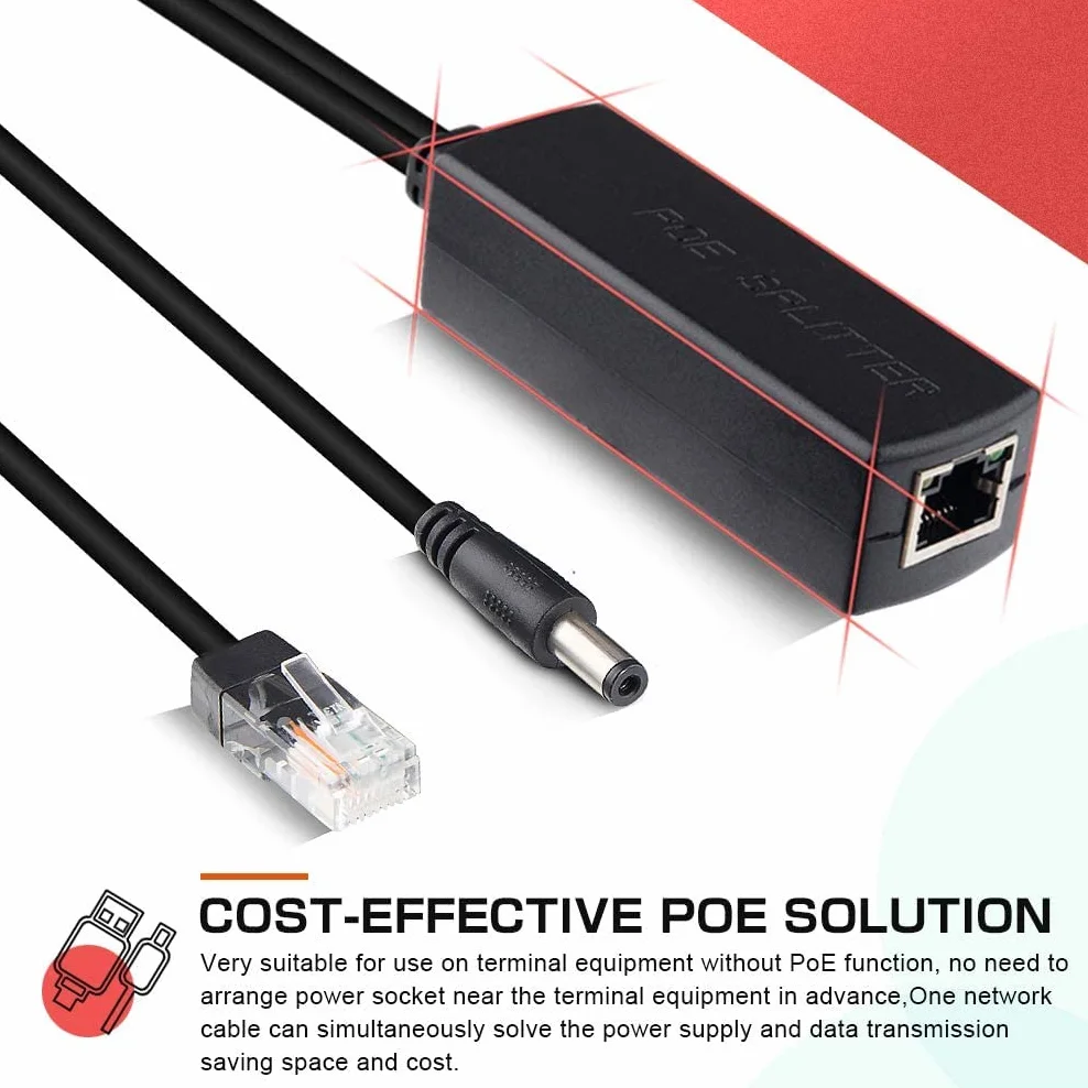 Gigabit Active PoE Rozdzielacz 48V do 12V DC 5,5x2,1 mm IEEE 802.3af/at 10/100/1000 Mbps