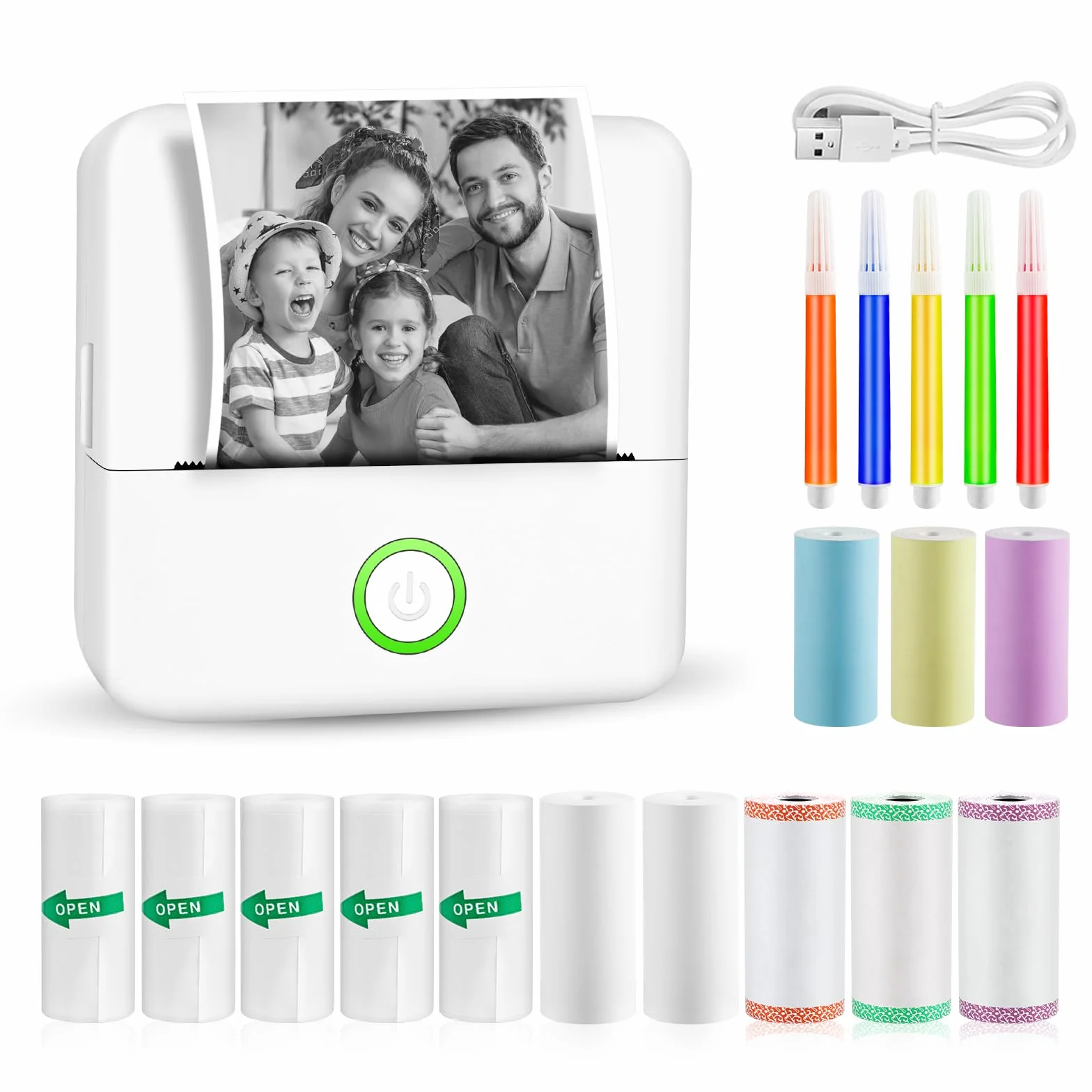 GuKKK Mini drukarka fotograficzna bezprzewodowa termiczna Bluetooth 13 rolek papieru 5 kredek
