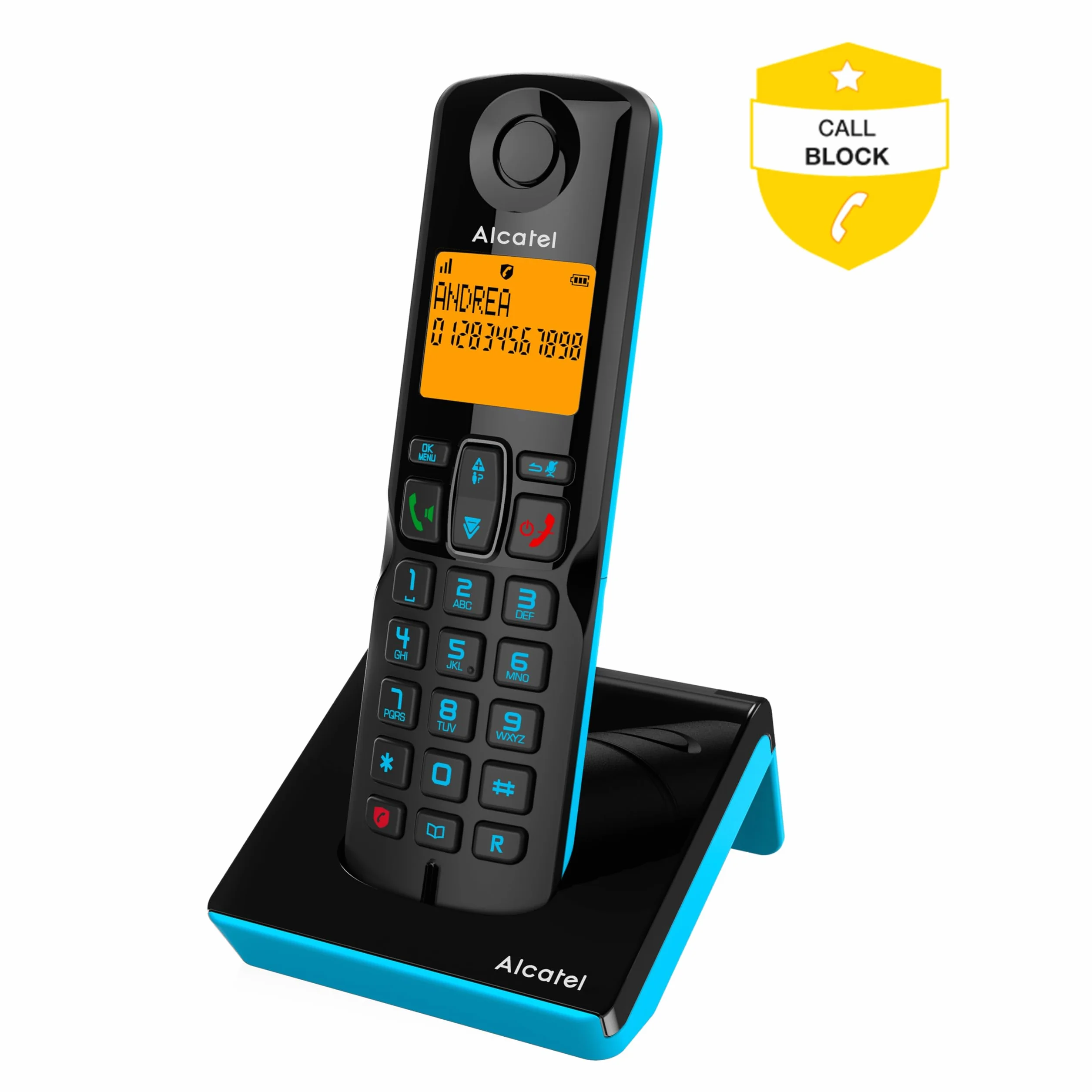 Alcatel S280 czarny i niebieski, zestaw głośnomówiący, funkcja blokowania niechcianych połączeń, 50 nazw i numerów