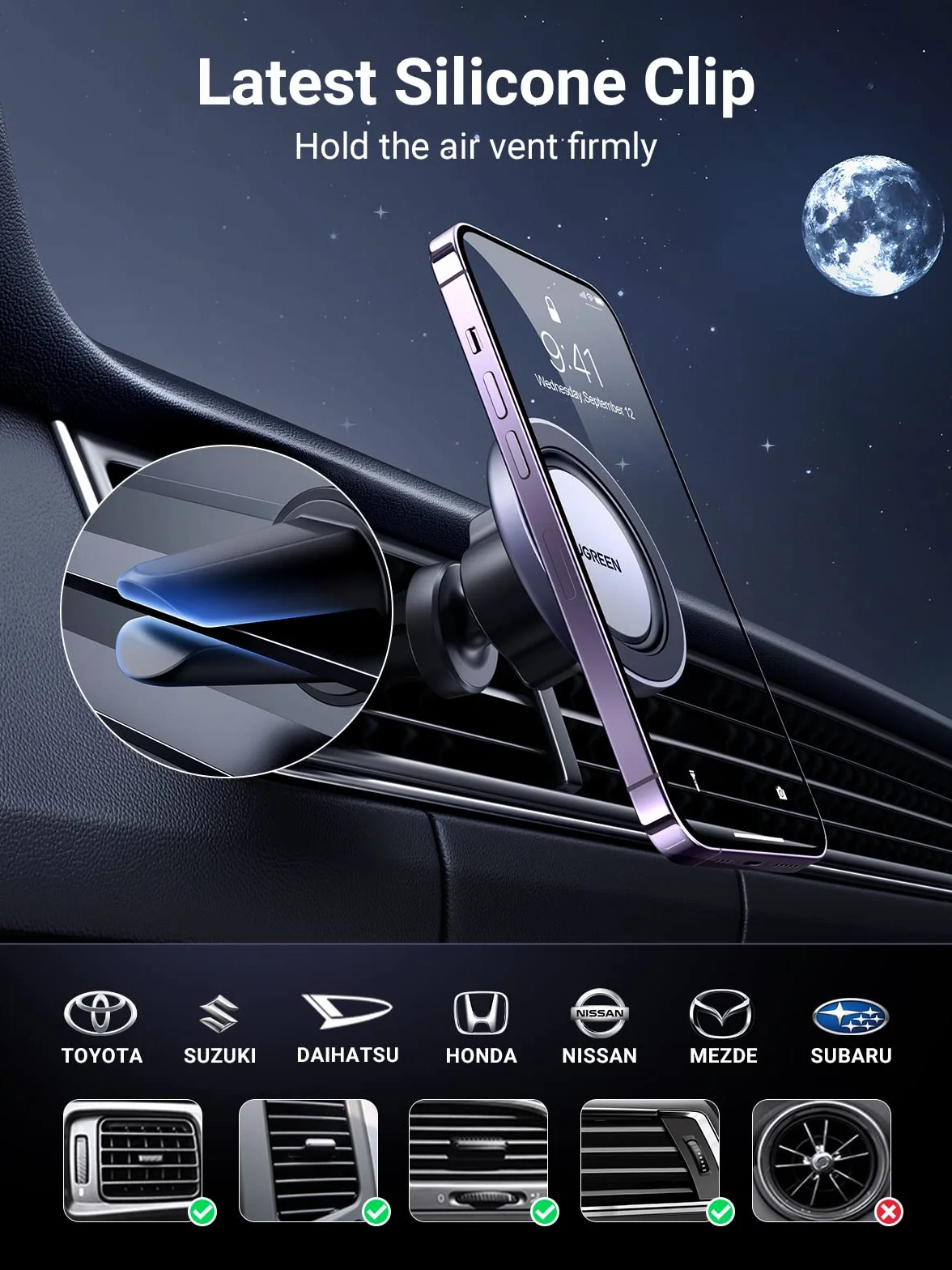 UGREEN MagSafe Samochodowy Uchwyt na Telefon z 2 Metalowymi Pierścieniami Kompatybilny z iPhone 15 Pro Max Plus 14 13 Galaxy F34 S23 Ultra Huawei Mate 60 Pro Redmi K60 Ultra itp.