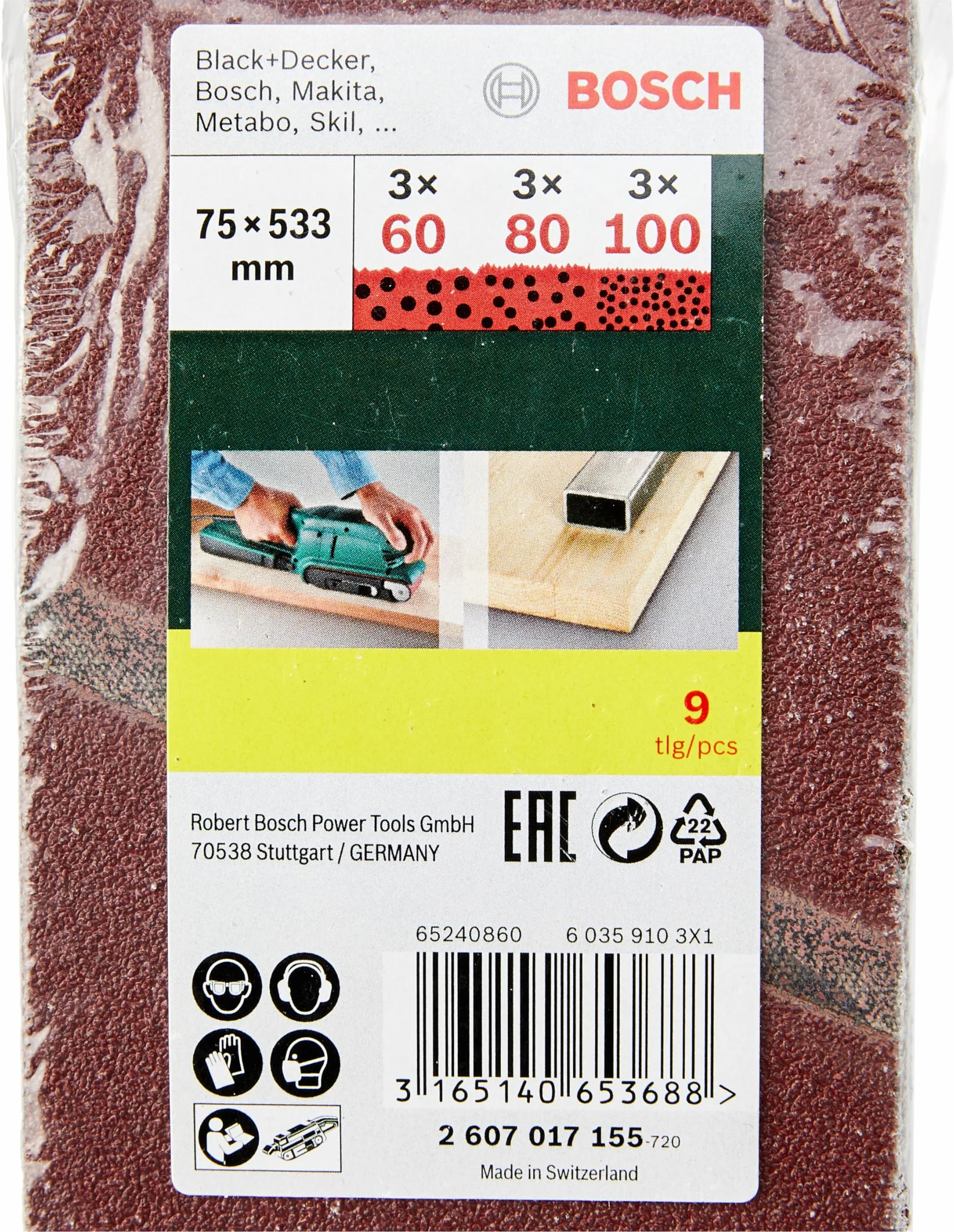 Bosch 9x Zestaw Taśm Szlifierskich (do Drewno, Ziarnistość 60/80/100, 75 x 533 mm, Osprzęt do Szlifierek Taśmowych)