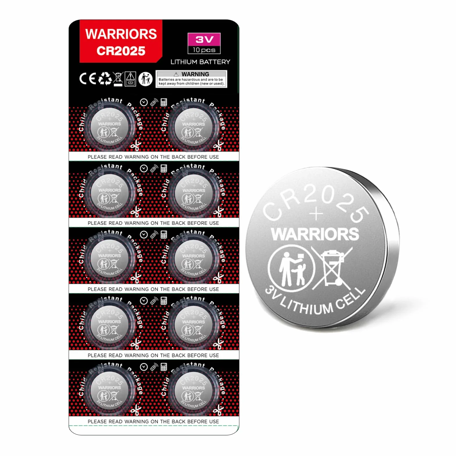 Warriors 10 x baterii CR2025 2025, 3V litowe, w opakowaniu zabezpieczonym przed dziećmi, do urządzeń elektronicznych i kluczyków samochodowych