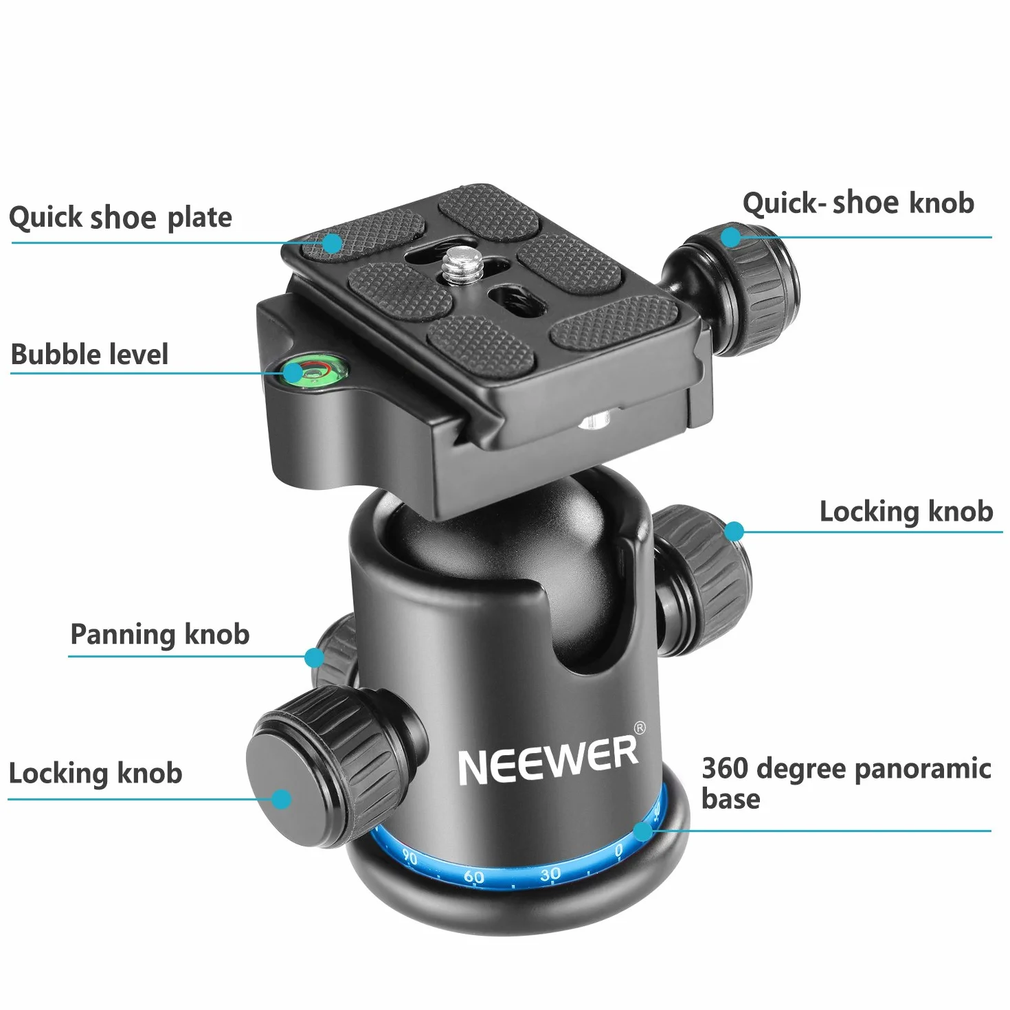 Neewer Głowica kulowa statywu 36 mm 360° panoramiczna metalowa płytka szybkozłączka Arca 1/4" gwint 3/8" do 8 kg