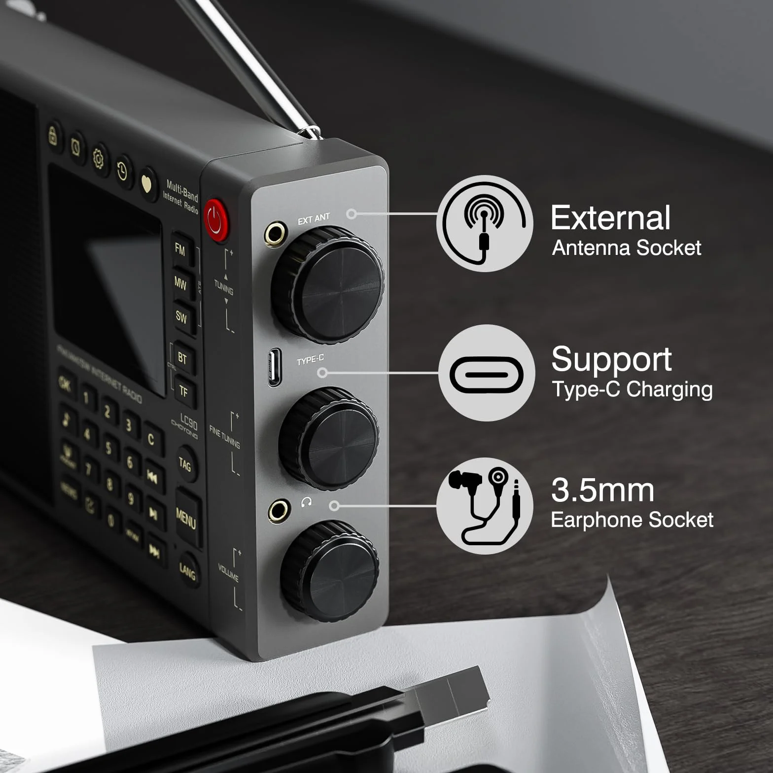 CHOYONG LC90 Radio internetowe Wi-Fi / 4G, przenośne, FM/LW/MW/SW, z akumulatorem 5000 mAh, 40 tys. stacji radiowe, głośnik BT, budzik, głośniki stereo 15 W, obsługa karty TF