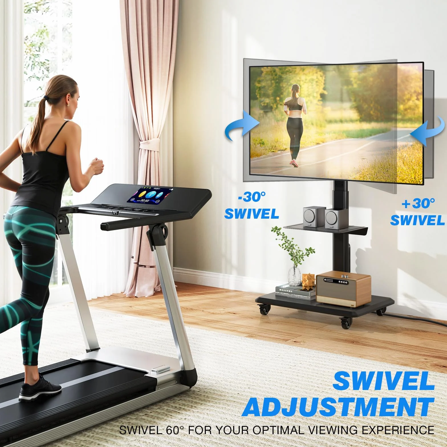 Mobilny stojak na telewizor na kółkach obrotowy z drewnianą podstawą 81.3–139.7 cm 400 x 400 mm