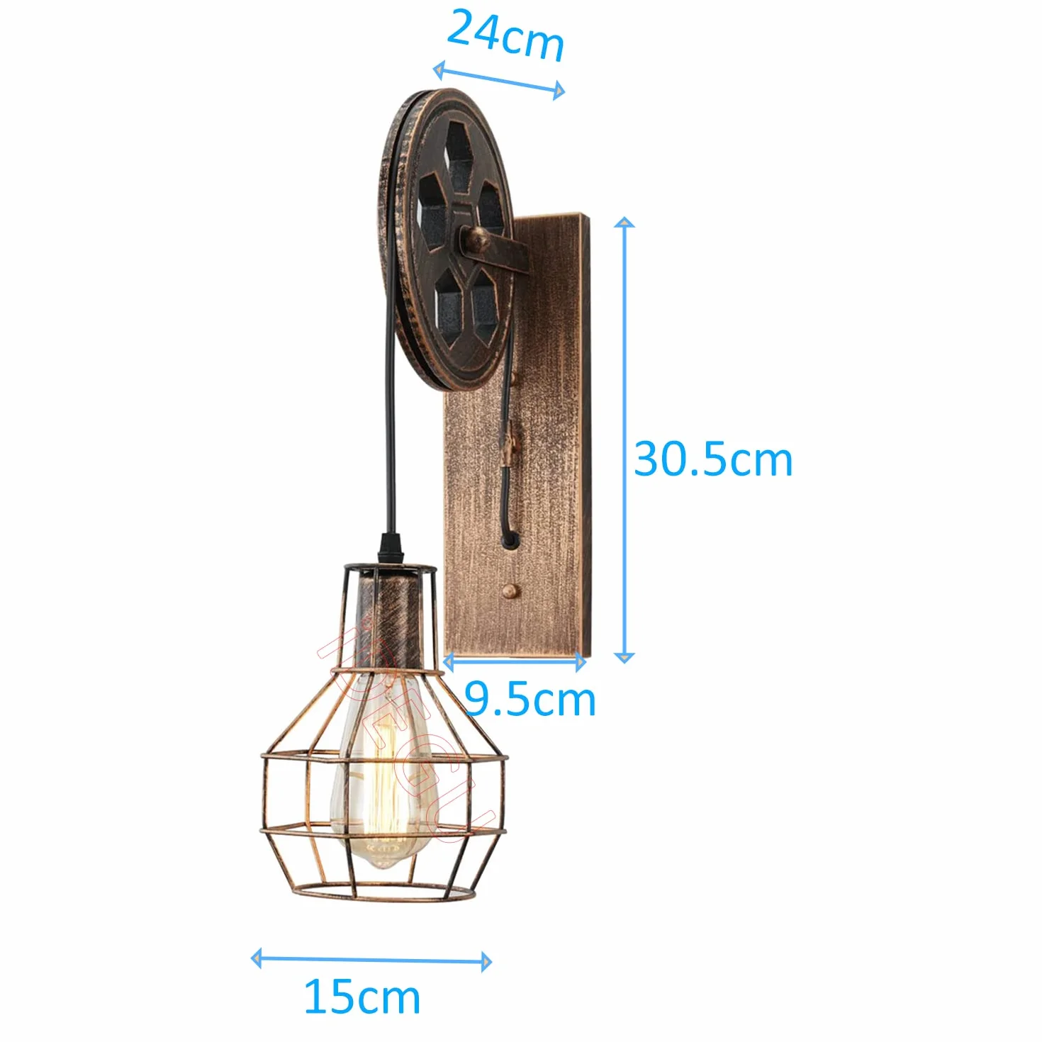 iDEGU 2 sztuki przemysłowych lamp ściennych, w stylu vintage, z koła pasowego, lampa retro z metalu i drewna, lampa wisząca do sypialni, salonu, restauracji, kawiarni, baru, korytarza, brązu