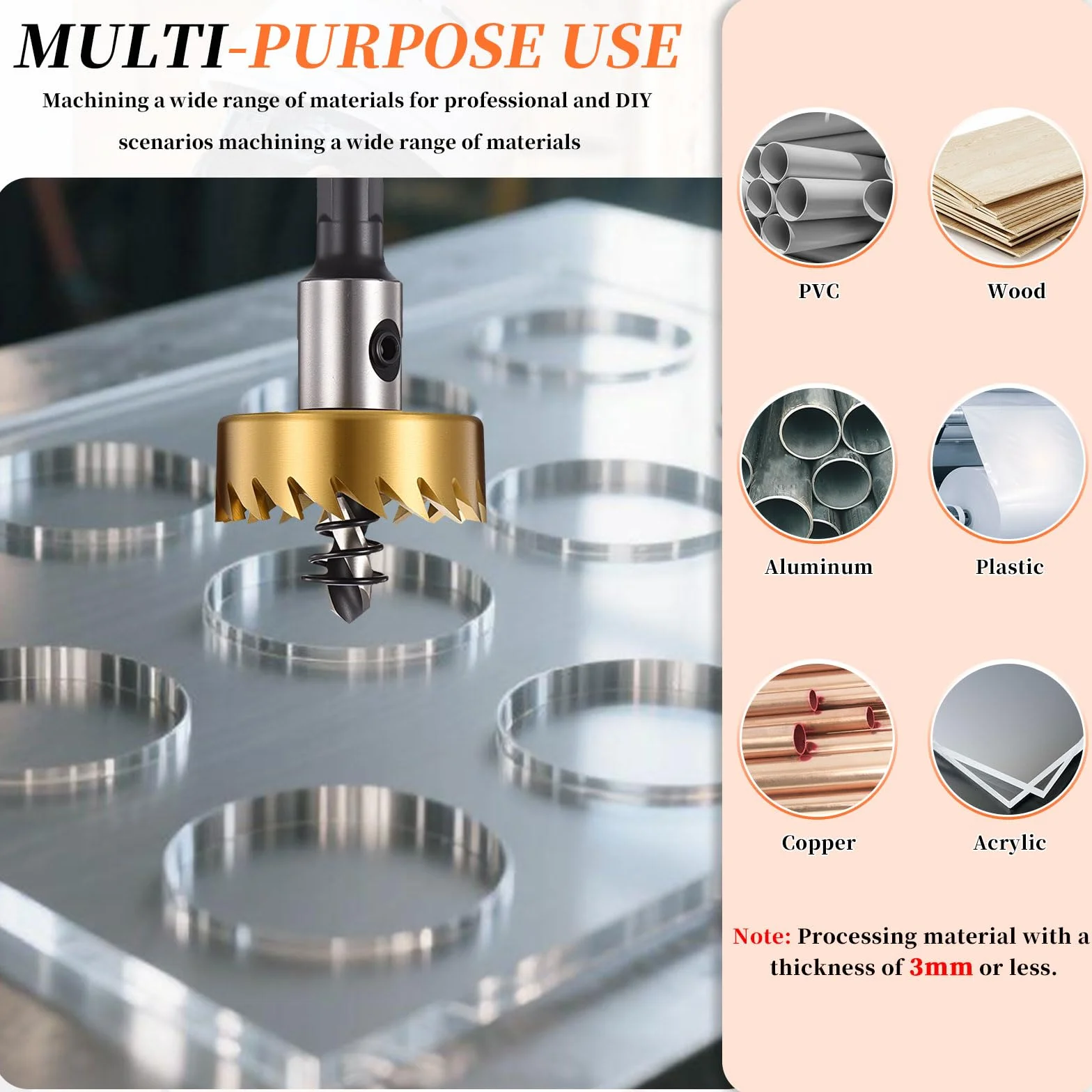 METALLIXITY Piła dziurkacza 21 mm, 4341 HSS Piła z kluczem sześciokątnym, końcówka prowadząca i sprężyna do wierteł, metal średni, plastikowe płyty i płyty PCV, złoty