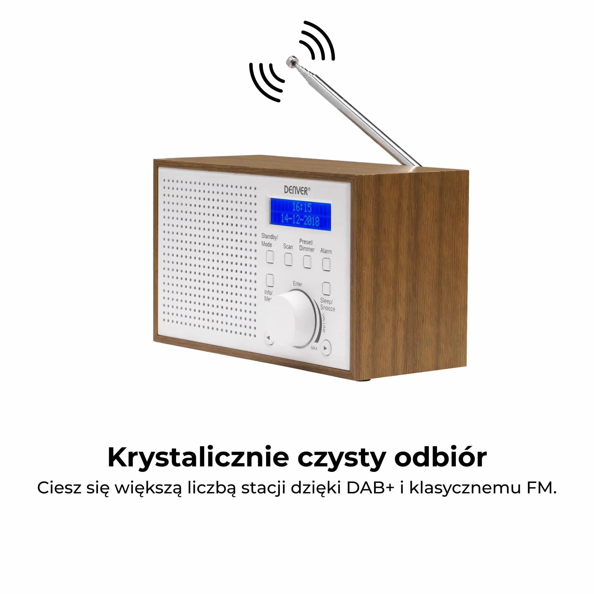 Denver DAB-46 DAB+ Radio FM Zegar Budzik 2 W Wyjście Audio Drewniane Białe