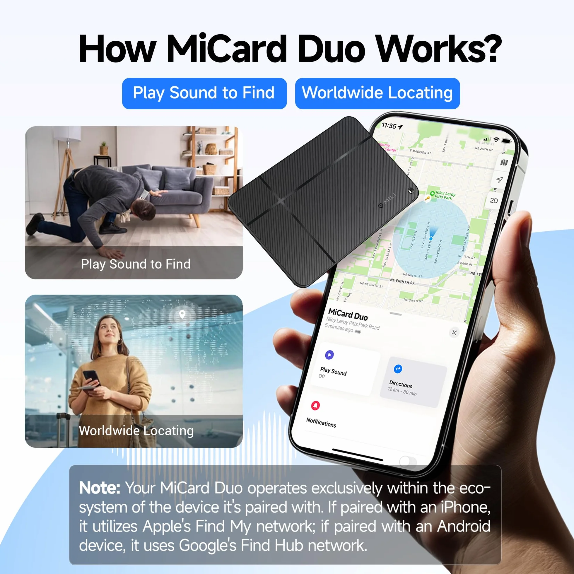 MiLi MiCard Wallet Tracker dla Android i iOS, bezprzewodowo ładowana inteligentna karta lokalizacyjna z NFC